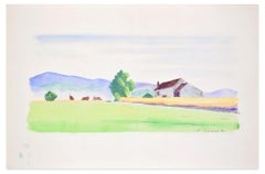 Countryside - Original-Aquarell auf Papier von Pierre Segogne - 1950er Jahre