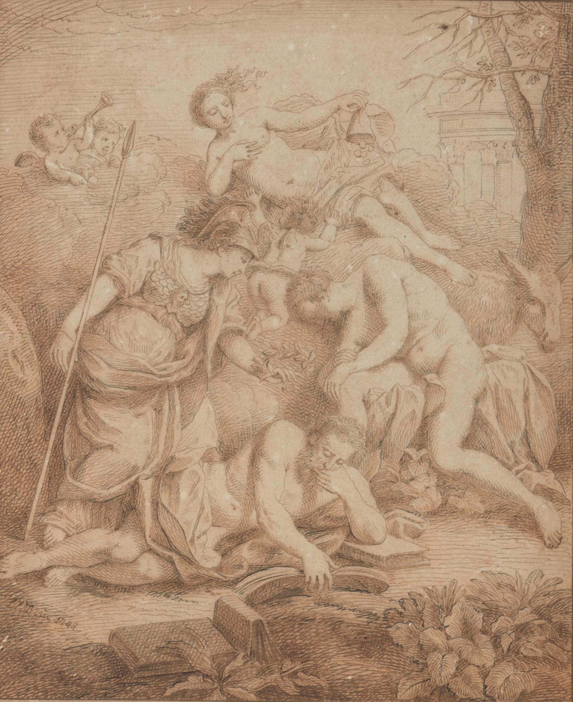 Allegorische Szene – Sepia-Zeichnung, L.F. zugeschrieben. Dubourg – Anfang 1700