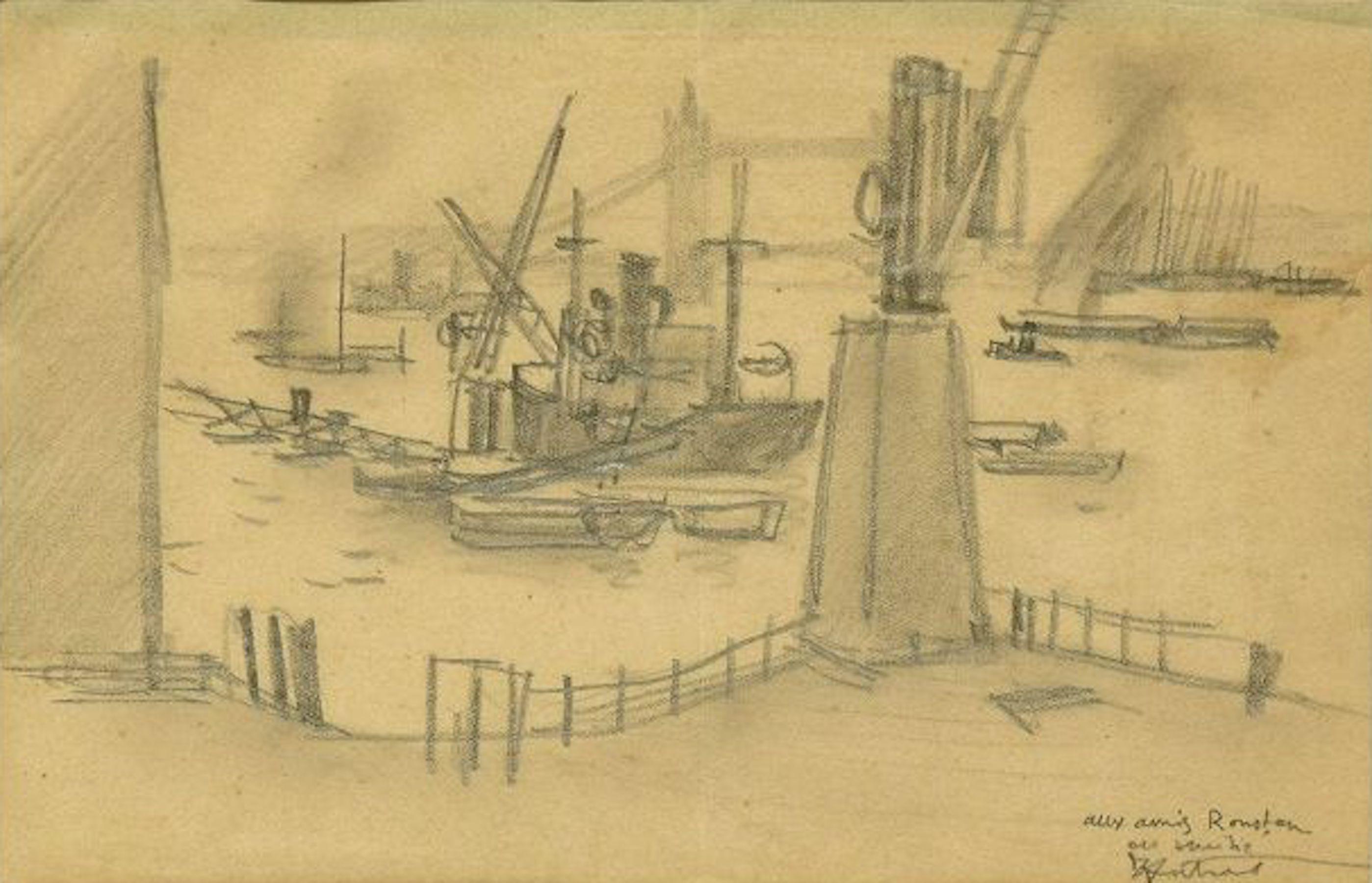 Londoner Hafen – Holzkohle-Zeichnung von R.L. Antral – 1930er-Jahre