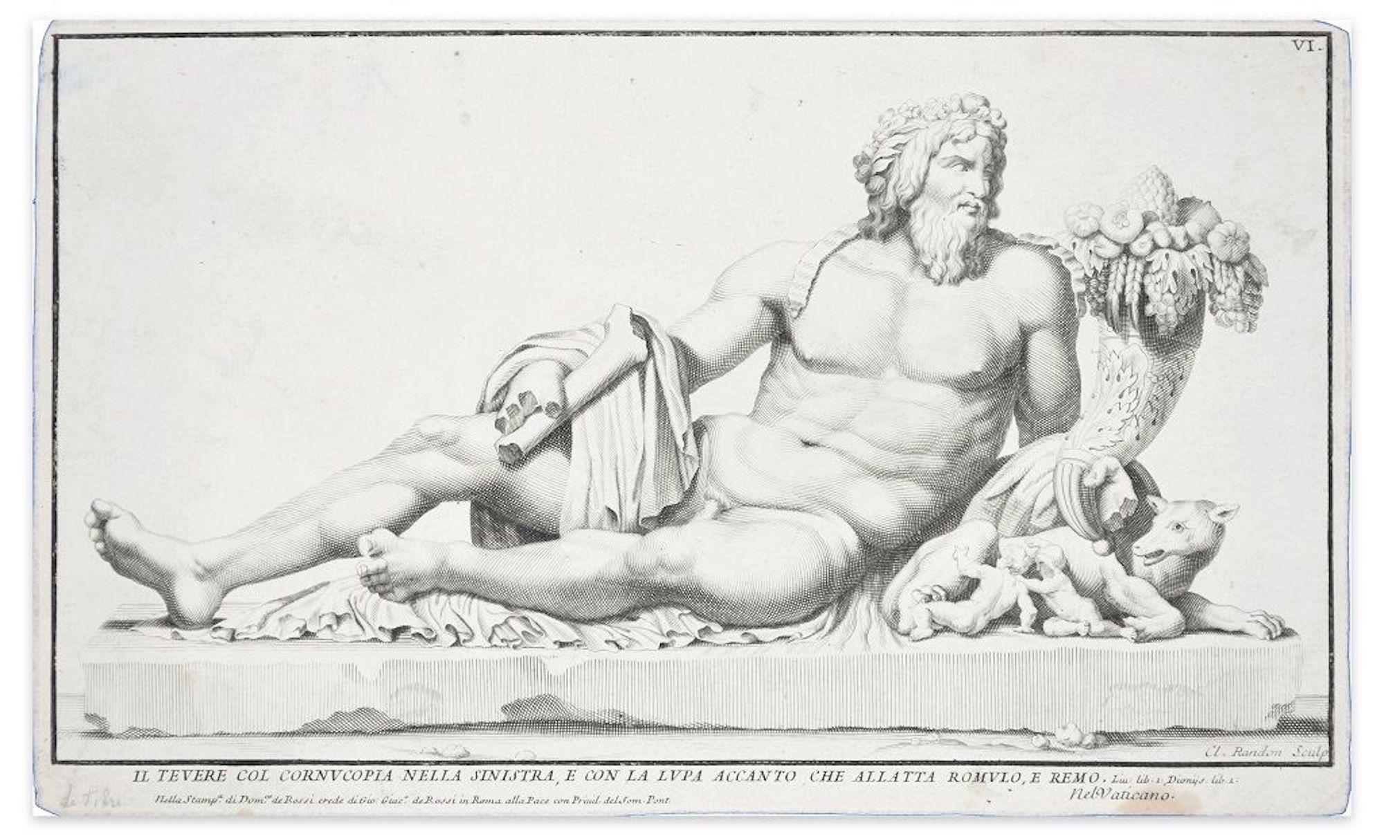 Tiber Fluss mit Füllhorn, Romulus und Remus und dem Wolf – Radierung 1704