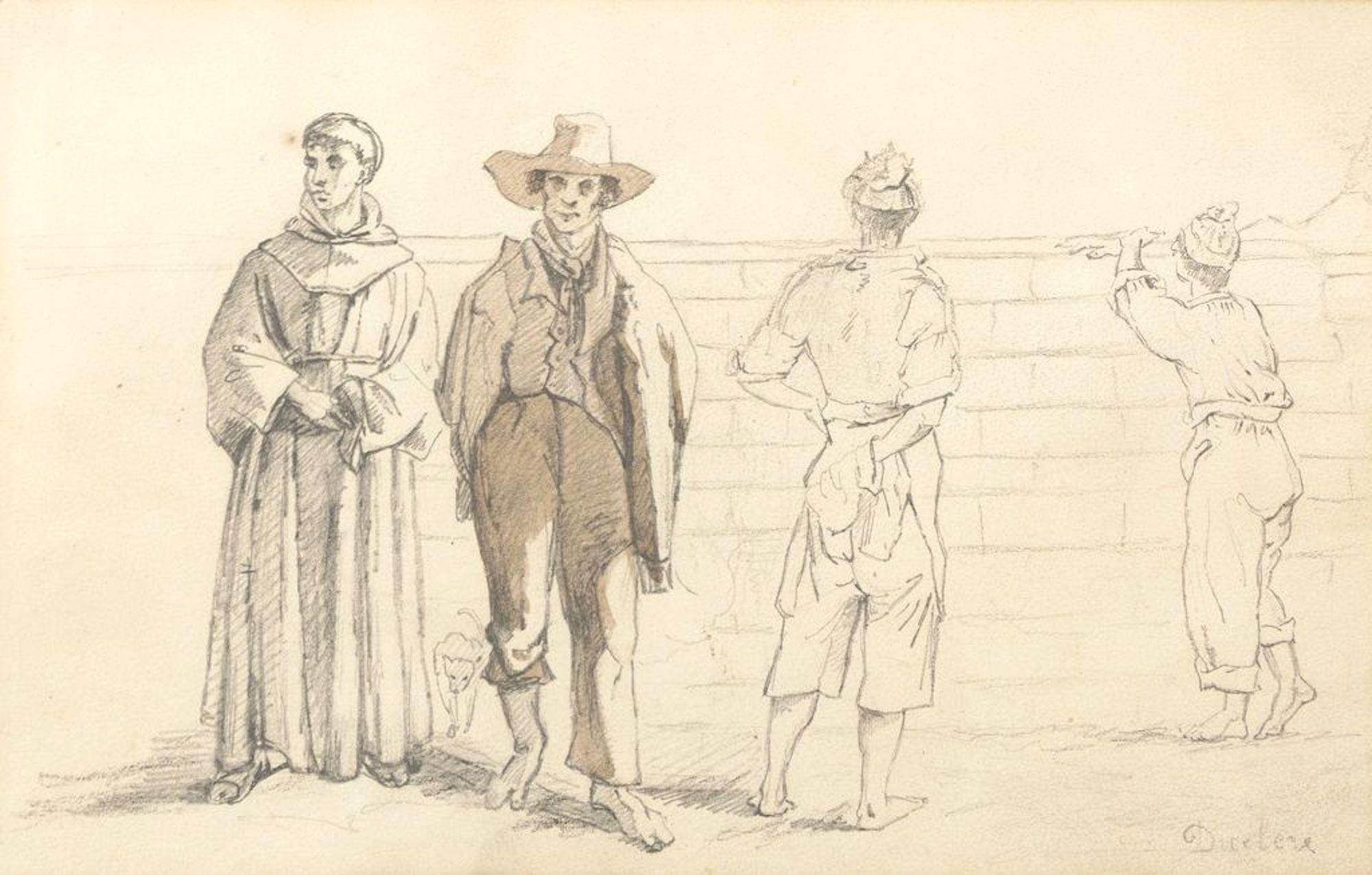 Teodoro Duclère Figurative Art - Commoners and Friars - Pencil Drawing on Paper y T. Duclère - Mid 1800