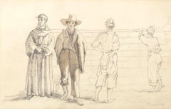 Commoners and Friars - Pencil Drawing on Paper y T. Duclère - Mid 1800
