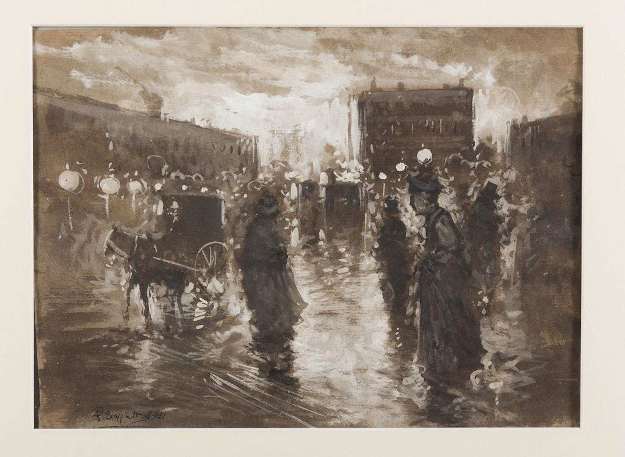 A Night in Paris - Mixed Media on Paper by P. Scoppetta - 1911 - Mixed Media Art by Pietro Scoppetta