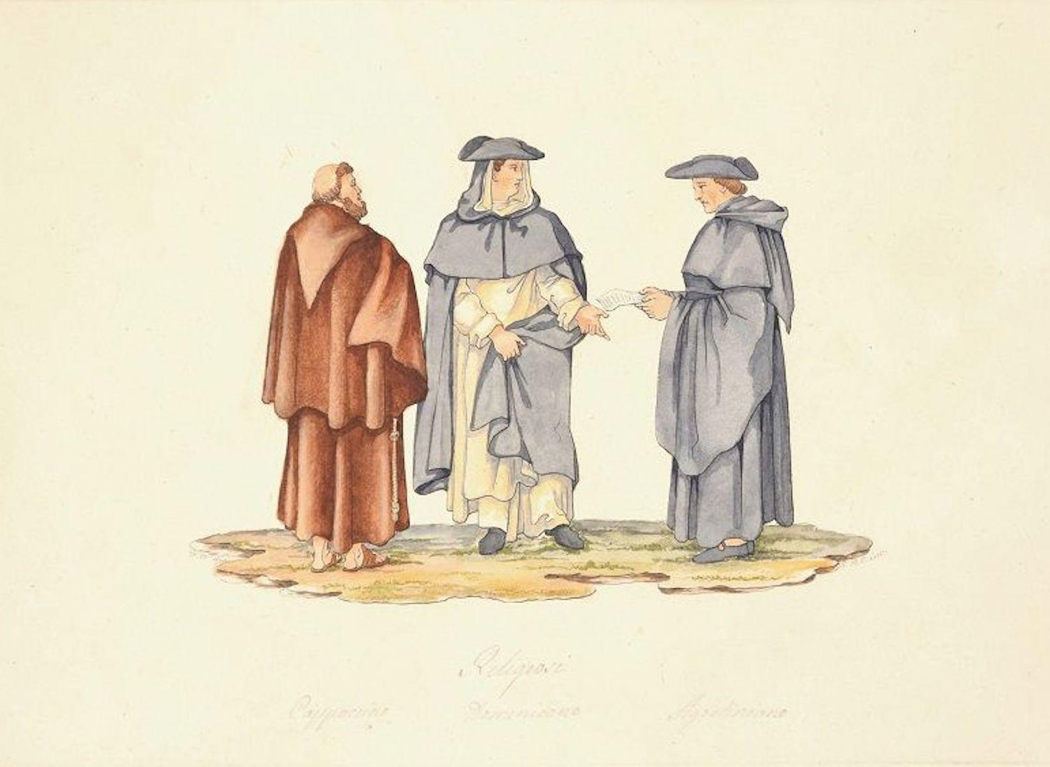 Religious Men - Colored Etching After F. Ferrari by G.B. Cipriani