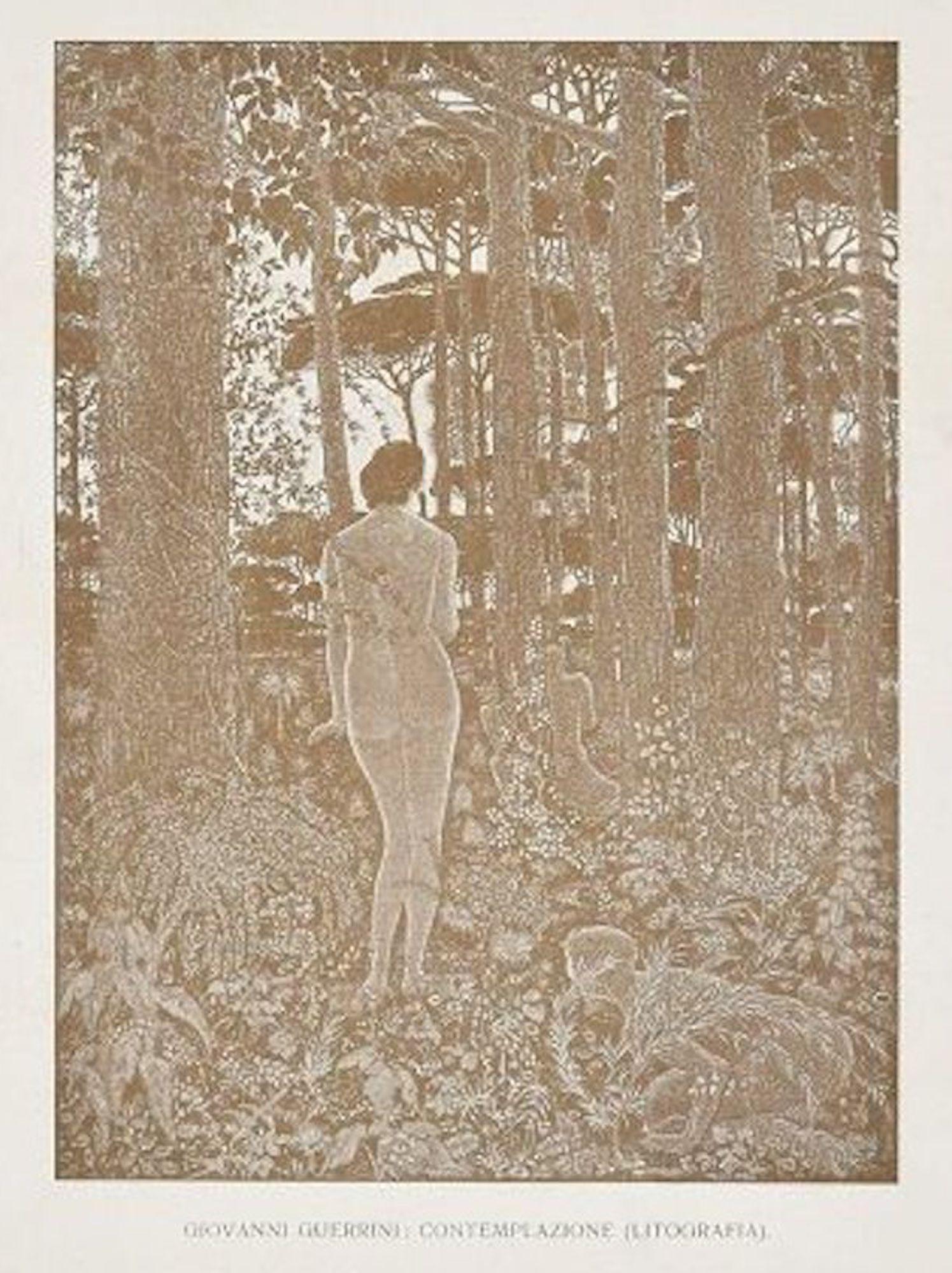 Image dimensions: 18 x 13.2 cm.

Contemplazione (Contemplation) is a color lithograph on paper, realized in 1914-15 by the Italian artist Giovanni Guerrini (Imola, 1887 - Rome, 1972).

A beautiful original print representing a standing female nude