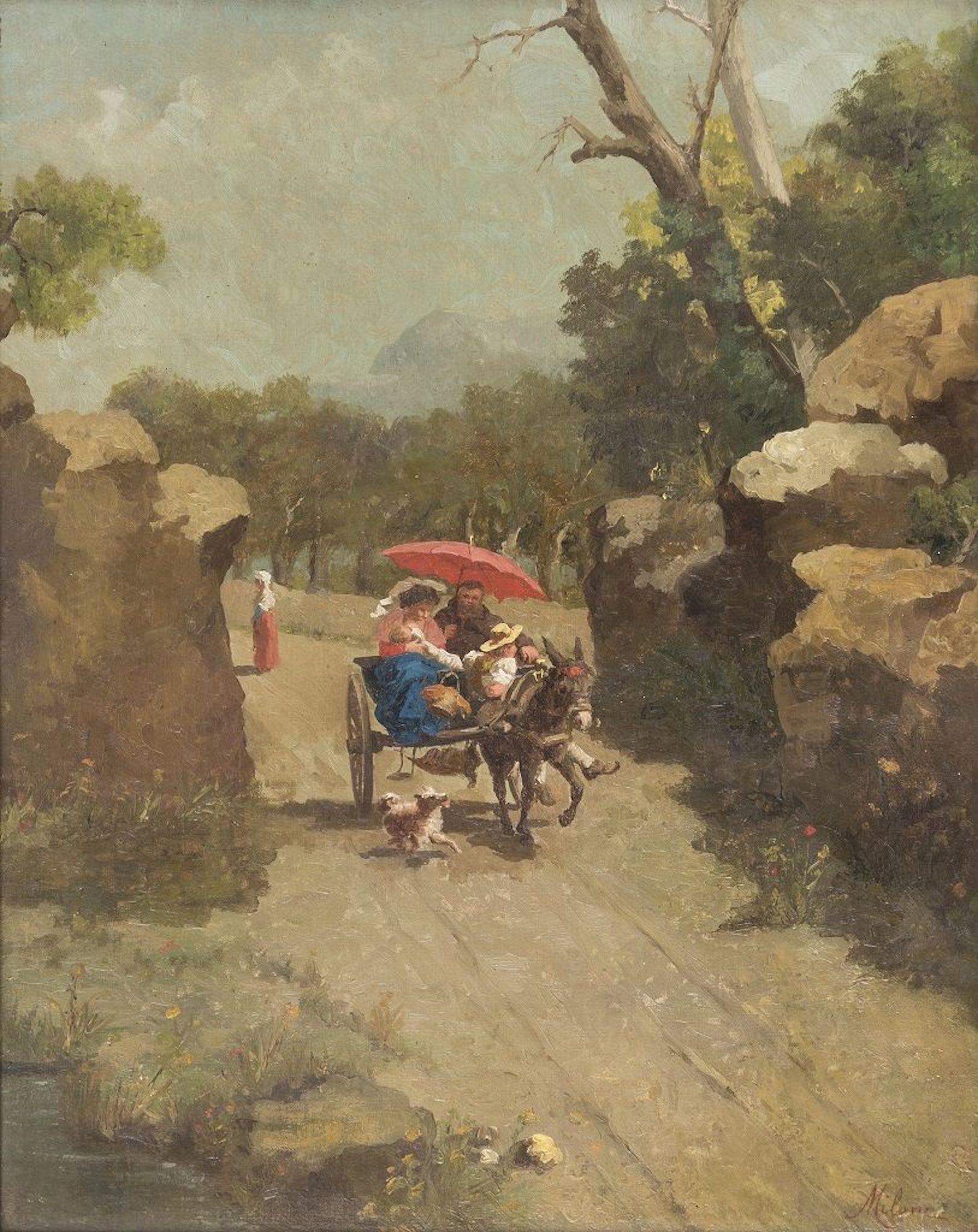 Antonio Milone Figurative Painting - Walking with the Donkey - Oil on Canvas by A. Milone - 1870s