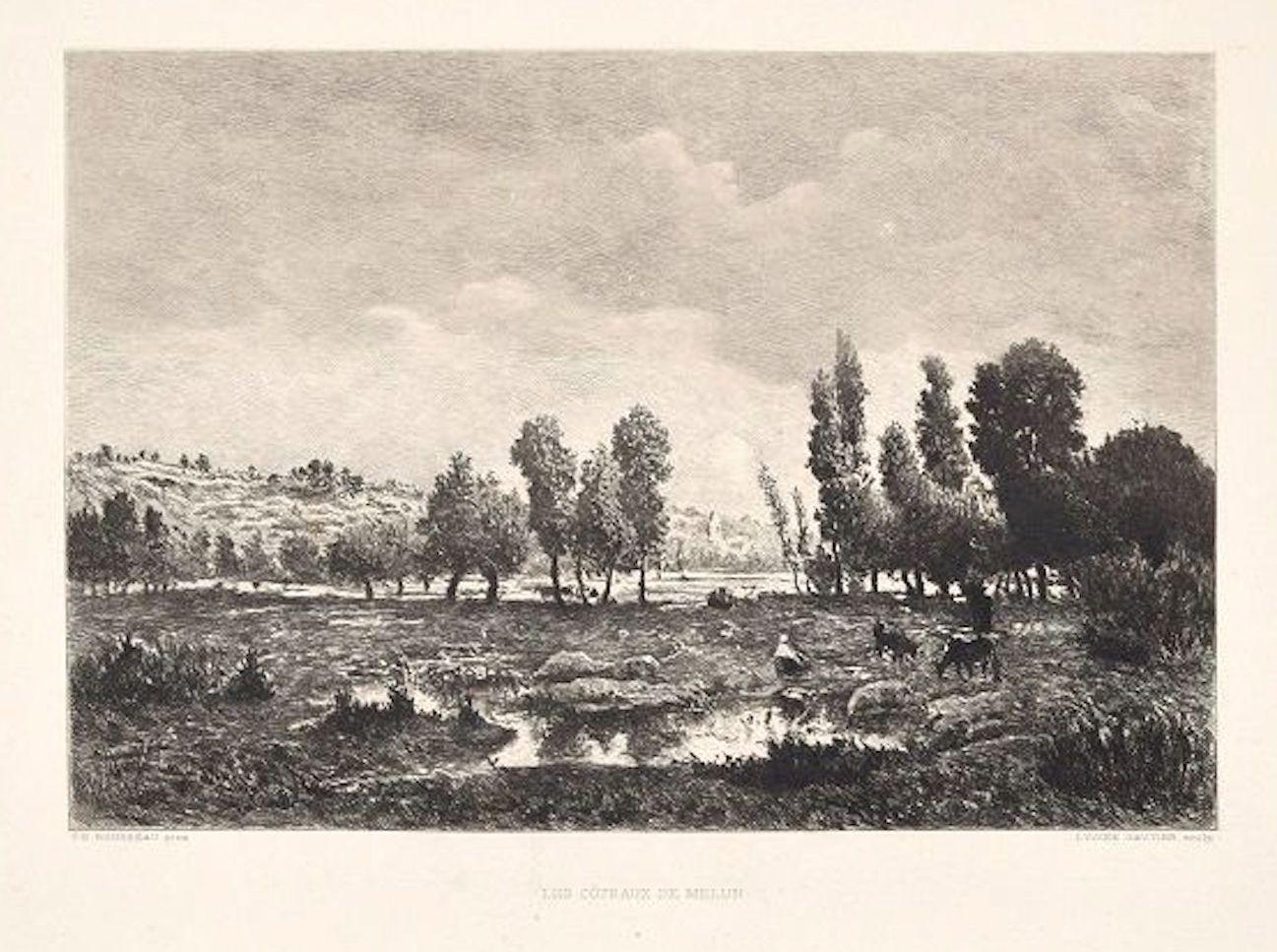 Lucien Gautier Landscape Print - Les Côteaux de Melun - Etching and Aquatint After Théodore Rousseau - Late 1800