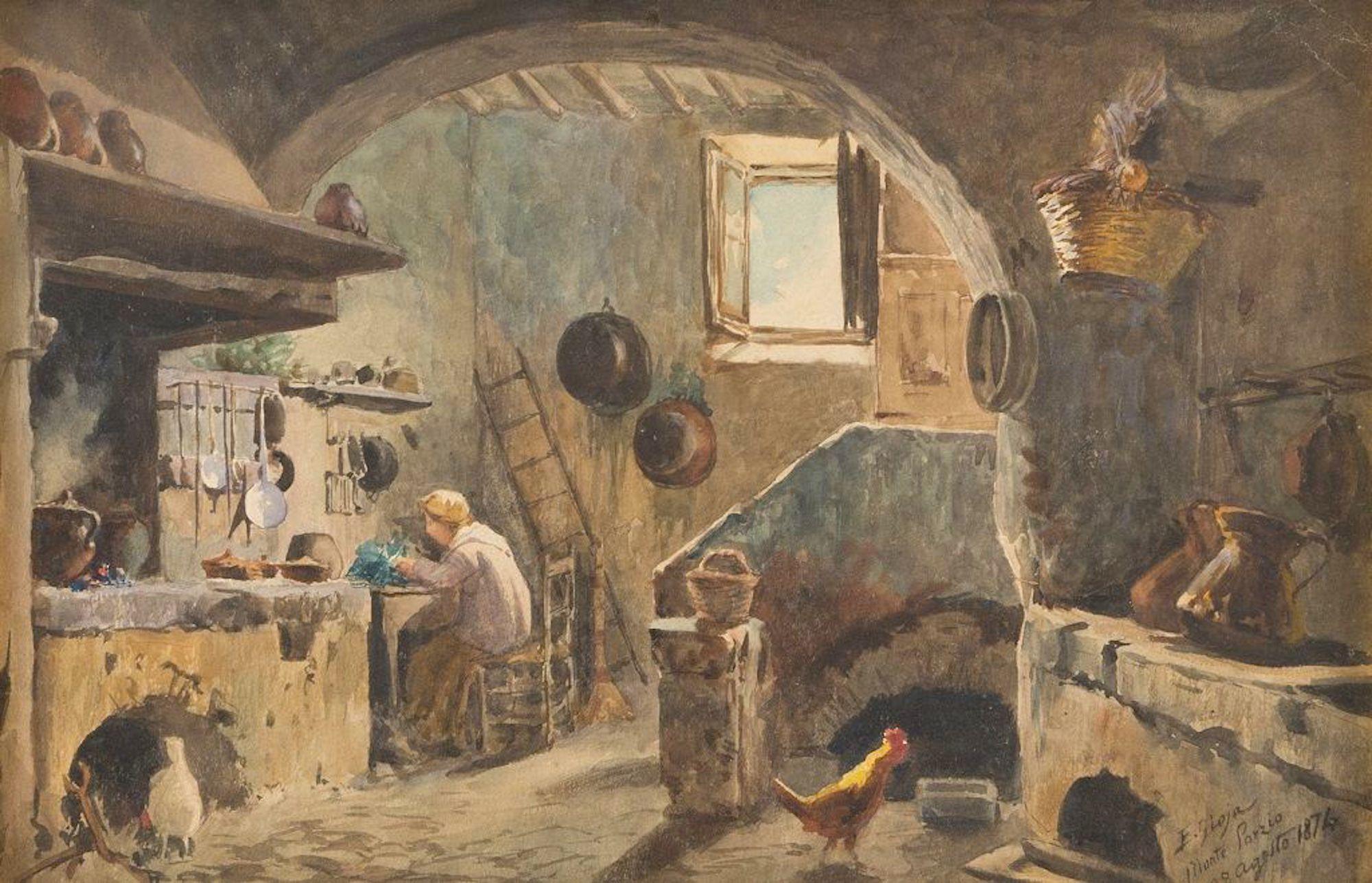 Edoardo Gioja Interior Art - Peasants' House - Watercolor on Paper by E. Gioja - 