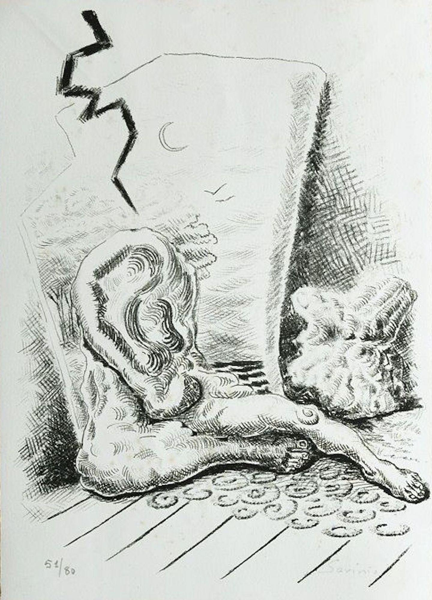 Alberto Savinio Figurative Print - The man in the Well - Original Lithograph by A. Savinio - 1946
