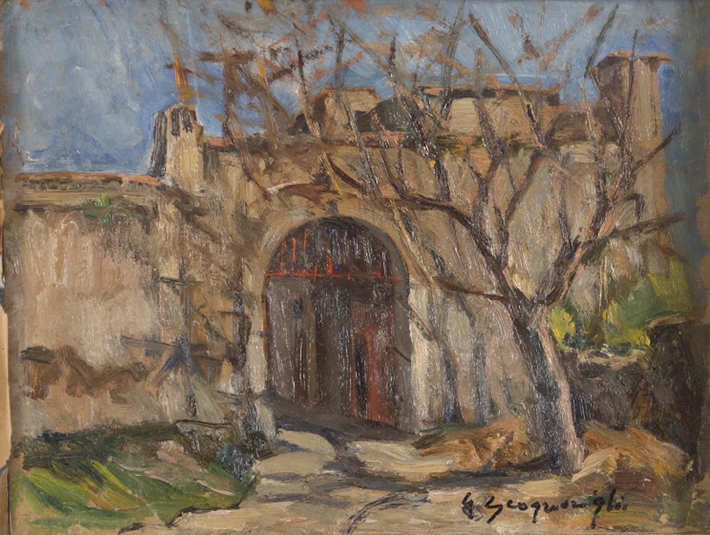 Giuseppe Scognamiglio Figurative Painting – Castle Doorway - Öl auf Karton von G. Scognamiglio - 1950er Jahre