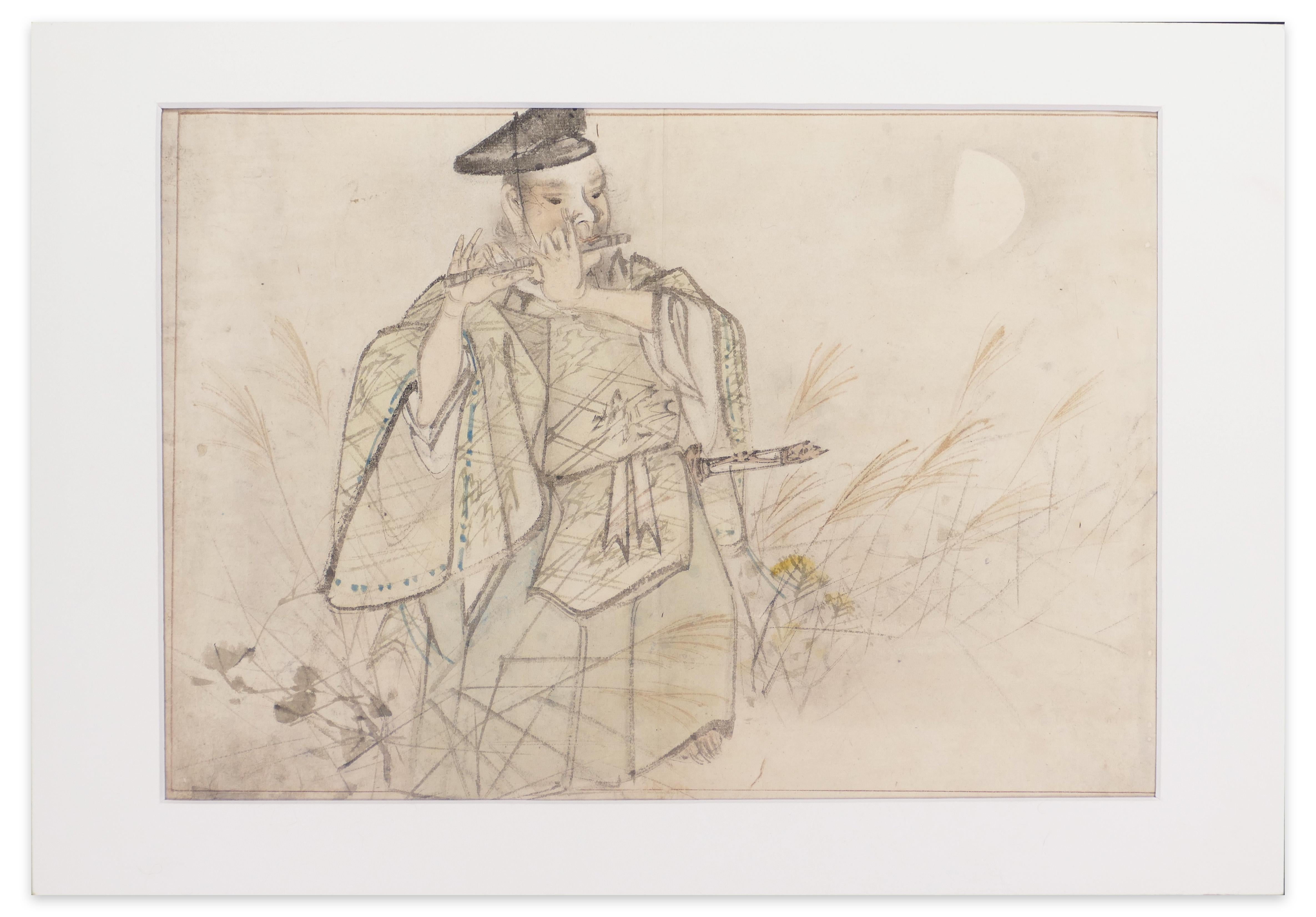 Unknown Figurative Art - Samurai Playing Flute - Mixed Media by Matsumura Keibun School - 1800