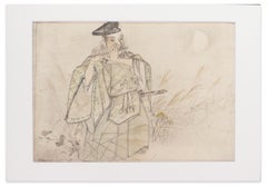 Samurai tocando la flauta - Técnica mixta de la escuela Matsumura Keibun - 1800
