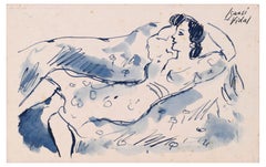 Lying Down on the Sofa - Ink and Watercolor on Paper - Late 20th Century 