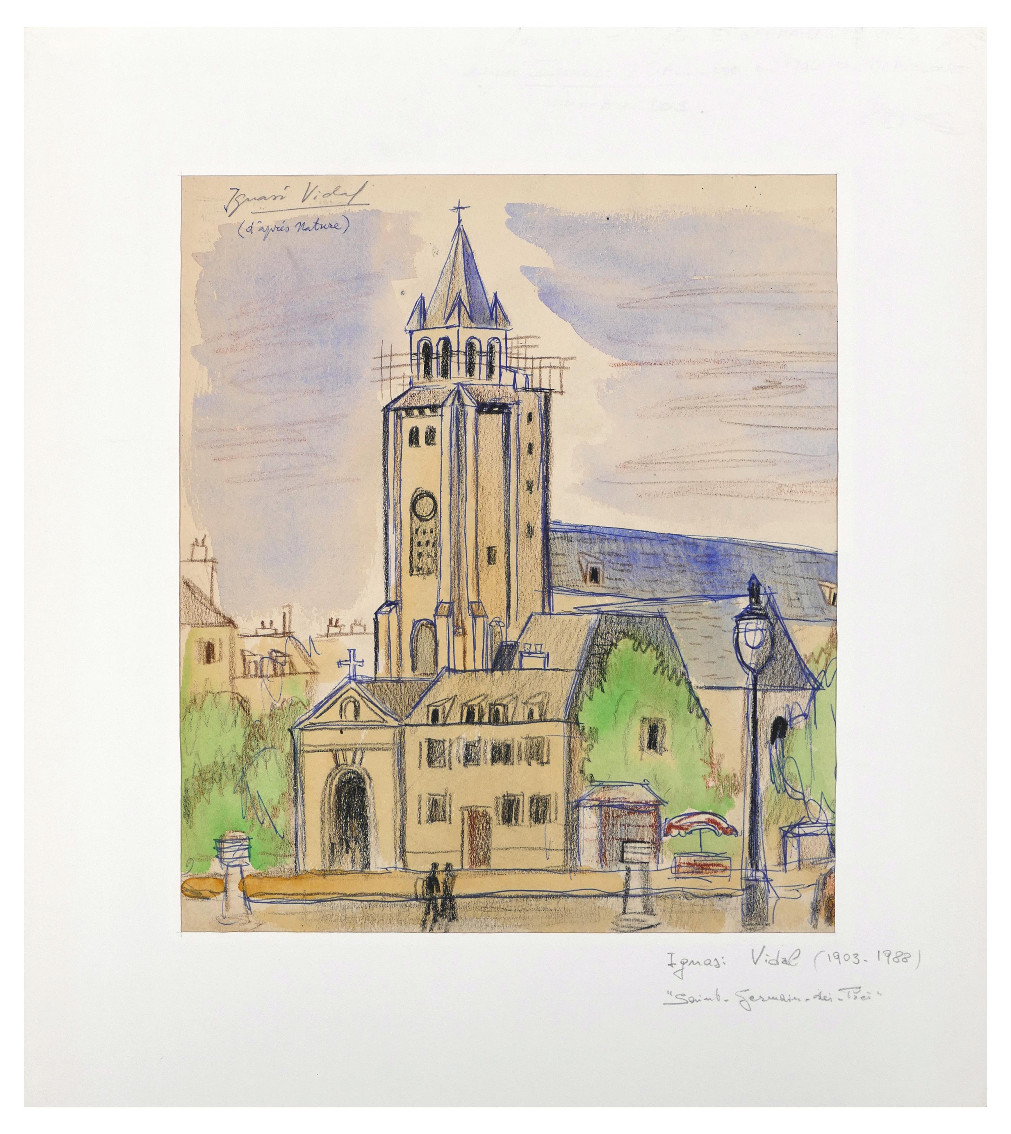 Saint Germain de Prés - Ink, Pastel and Watercolor on Paper - 1950s - Mixed Media Art by Ignasi Vidal