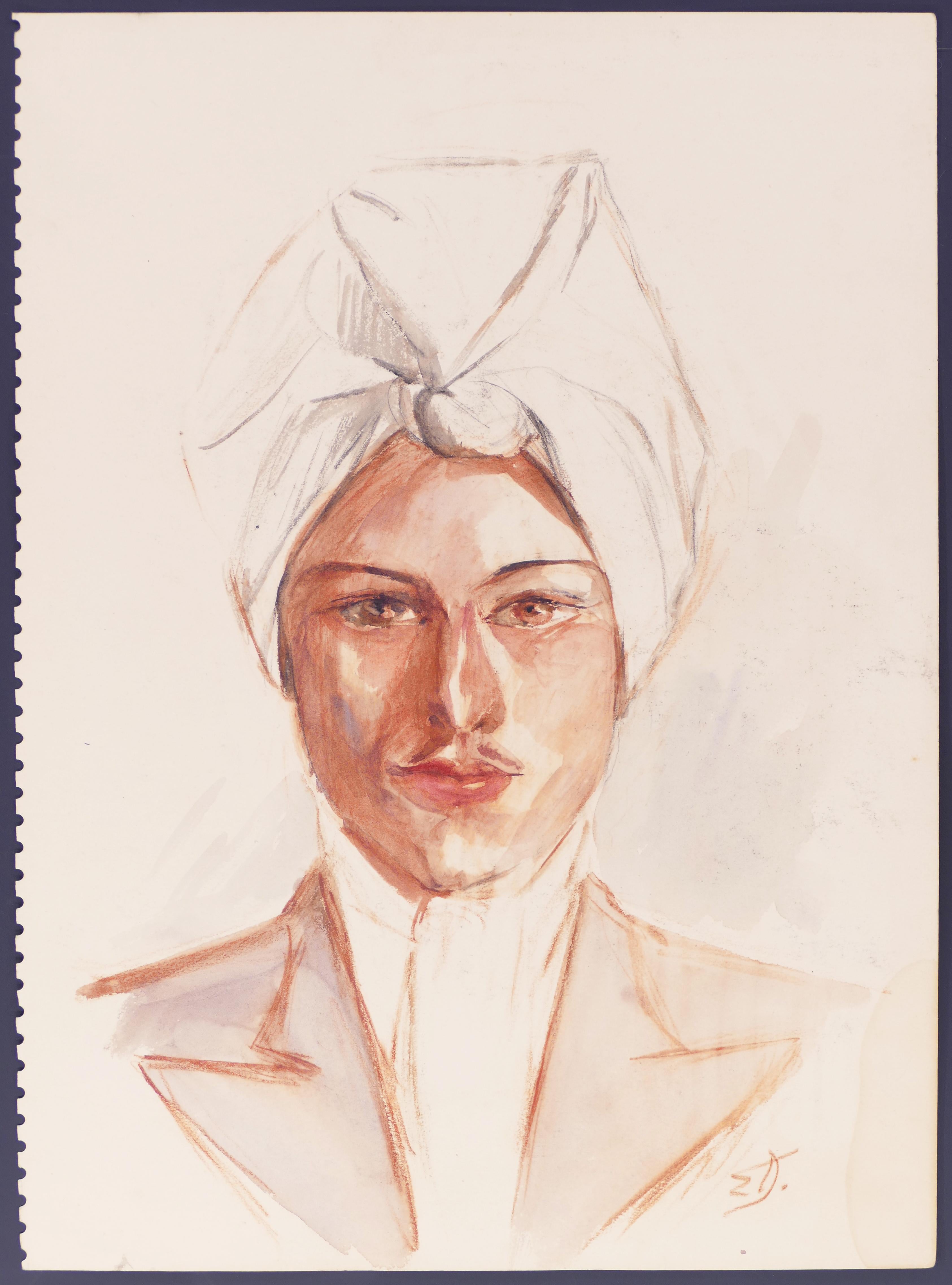 Eliane Diverly Portrait - Mon Cousin Jean - Original Watercolor and Sanguine by E. Diverly - 1950s