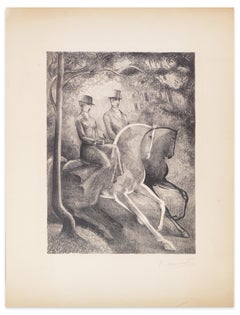 Lithographie - Chevaux noirs et blancs par R. Mendes France - Milieu de siècle