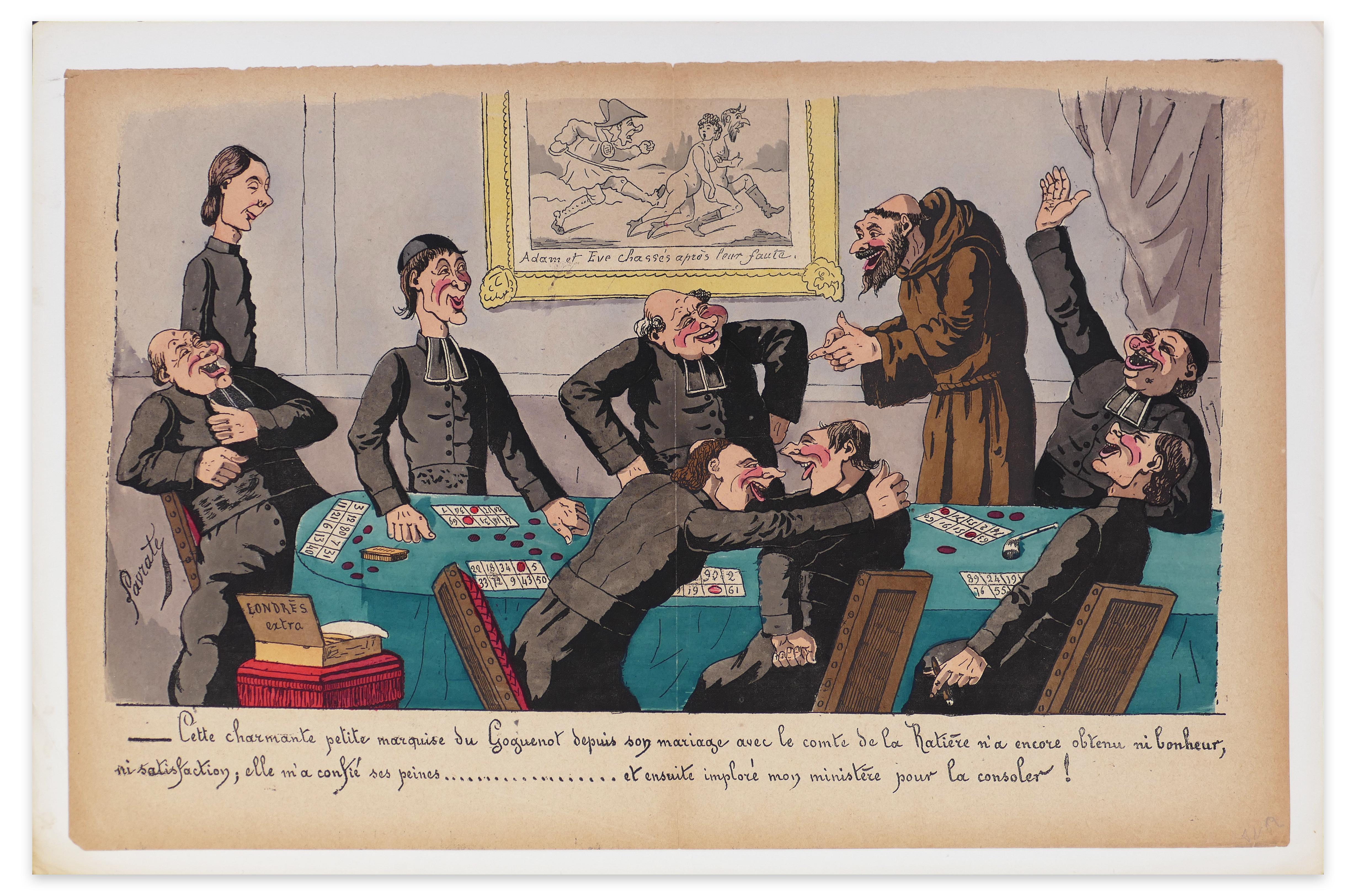 Figurative Print Edmond Lavrate - Une scène satirique - Lithographie d'E. Lavrate - années 1860