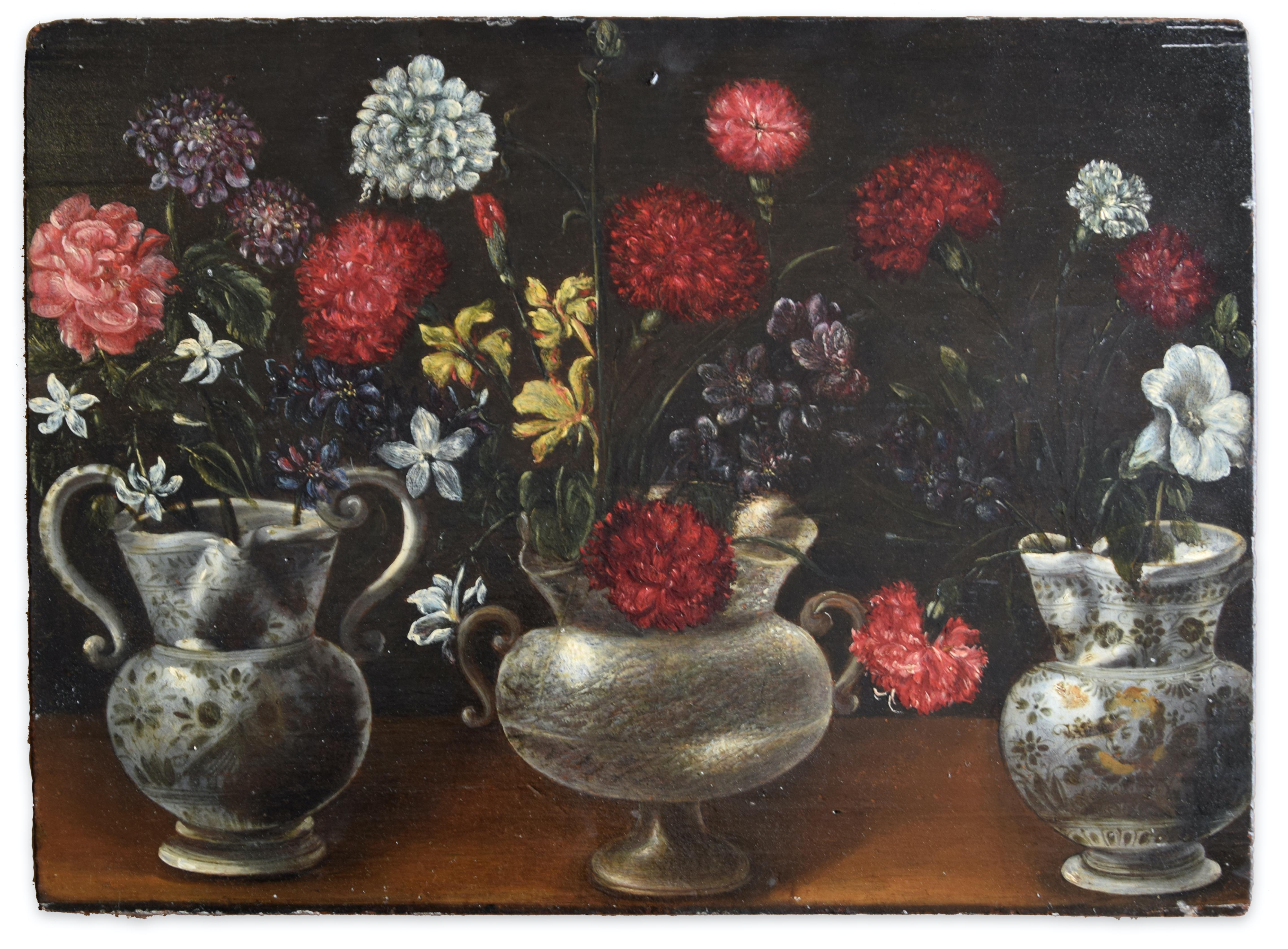 Nature morte de bouquets dans des vases à deux anses - Huile sur panneau de Vincenzo dé Fiori