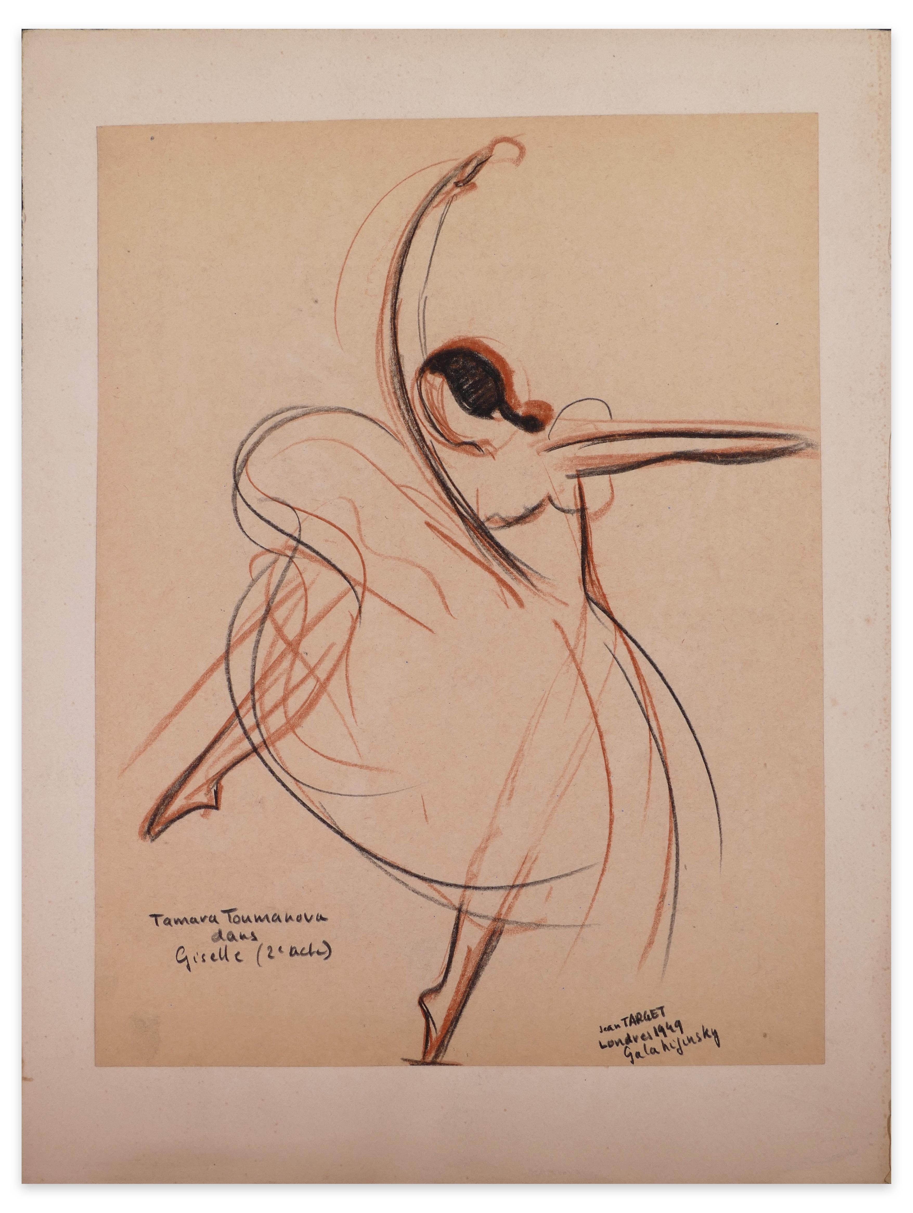 Jean Target Figurative Art - Tamara Toumanova dans Giselle - Original Oil Pastel Drawing by J. Target - 1949