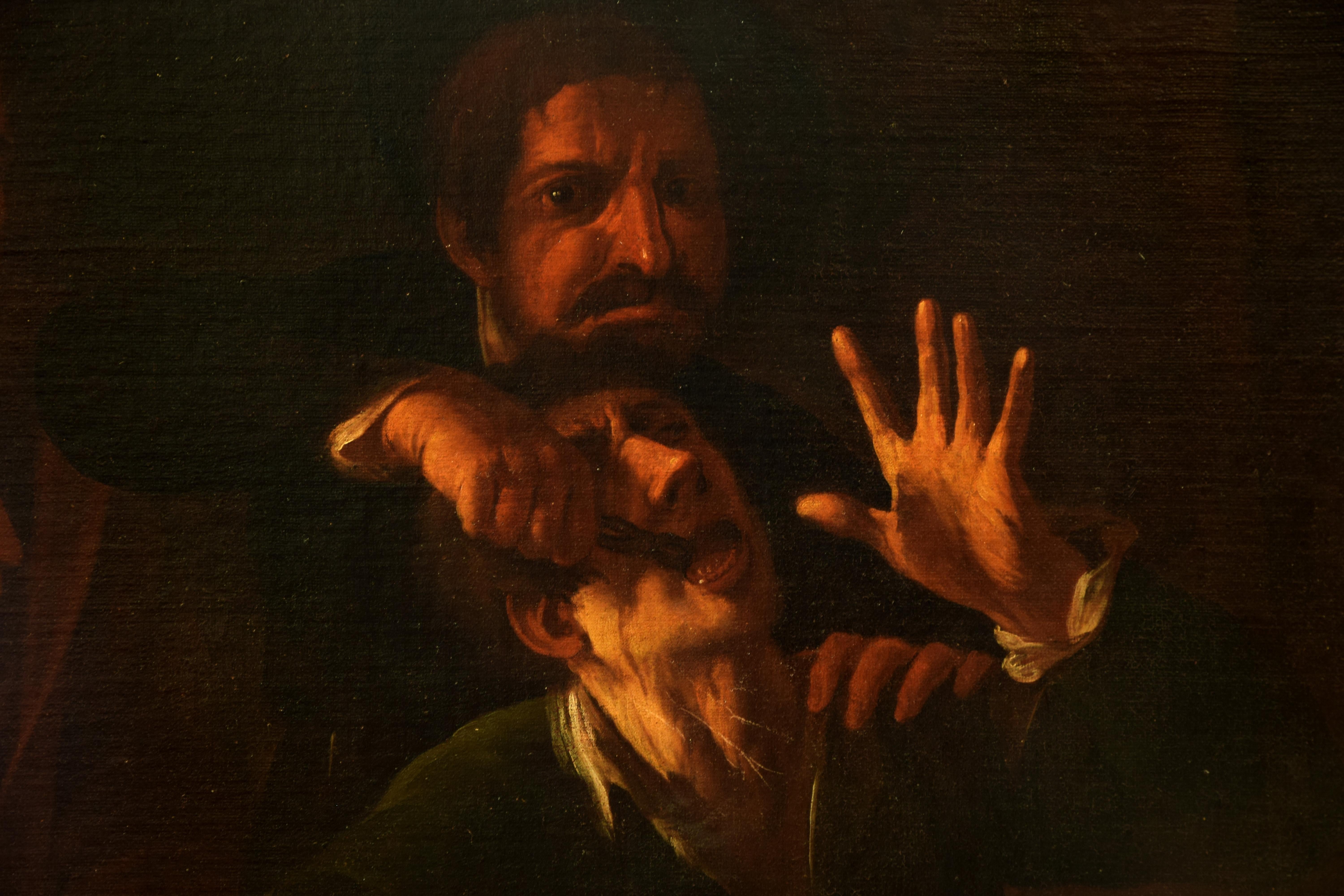 The Tooth-Puller (Il Cavadenti) - Oil on Canvas by Follower of Caravaggio  - Painting by Follower of Caravaggio (Michelangelo Merisi)