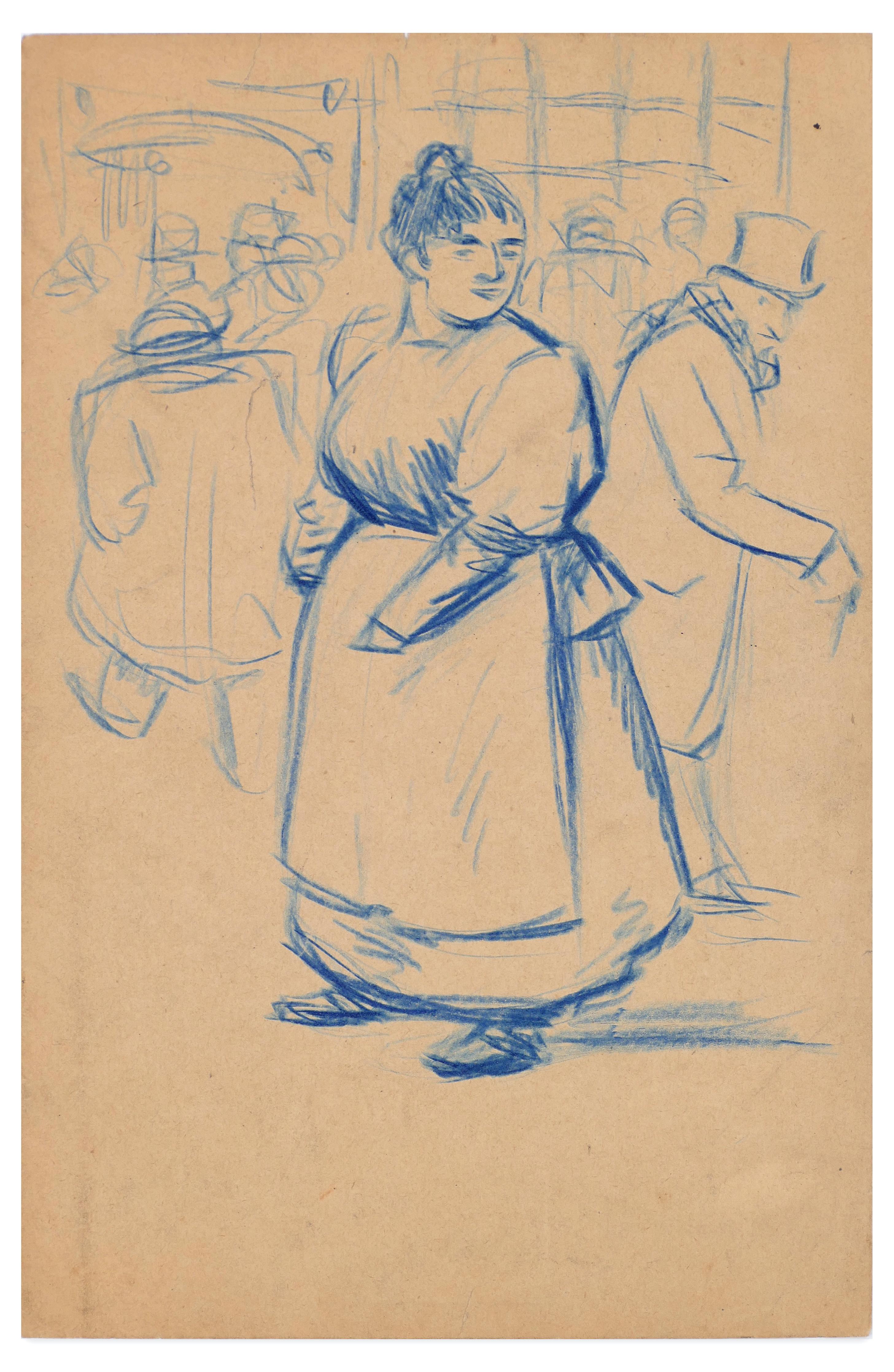 Eugène Couturier Figurative Art - Femme debout avec tablier - Blue Oil Pastel Drawing by E. Couturier - 1890s