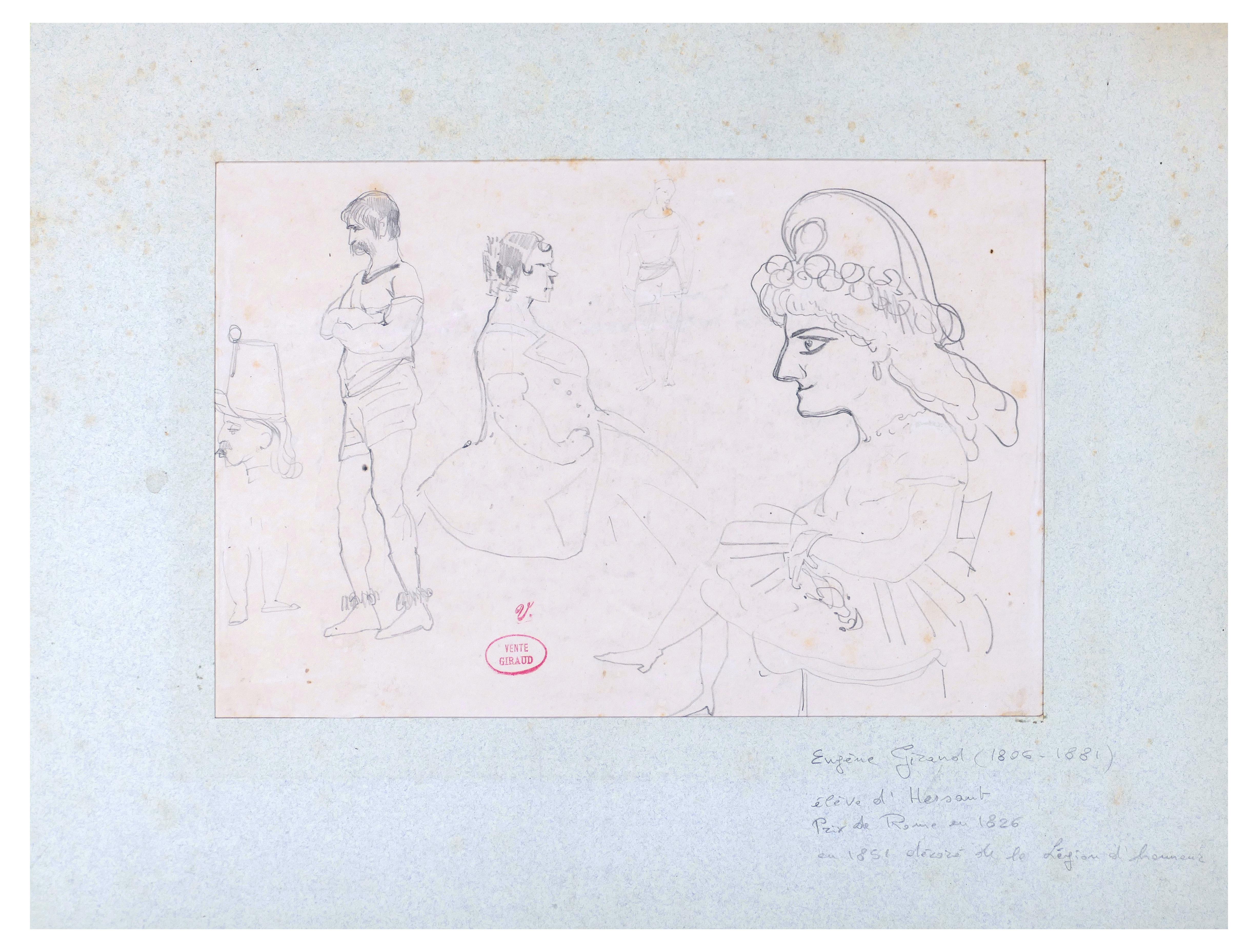 Dessin de Caricatures - Pencil Drawing on Paper by E. Giraud - La 1800 - Art by Eugène Giraud