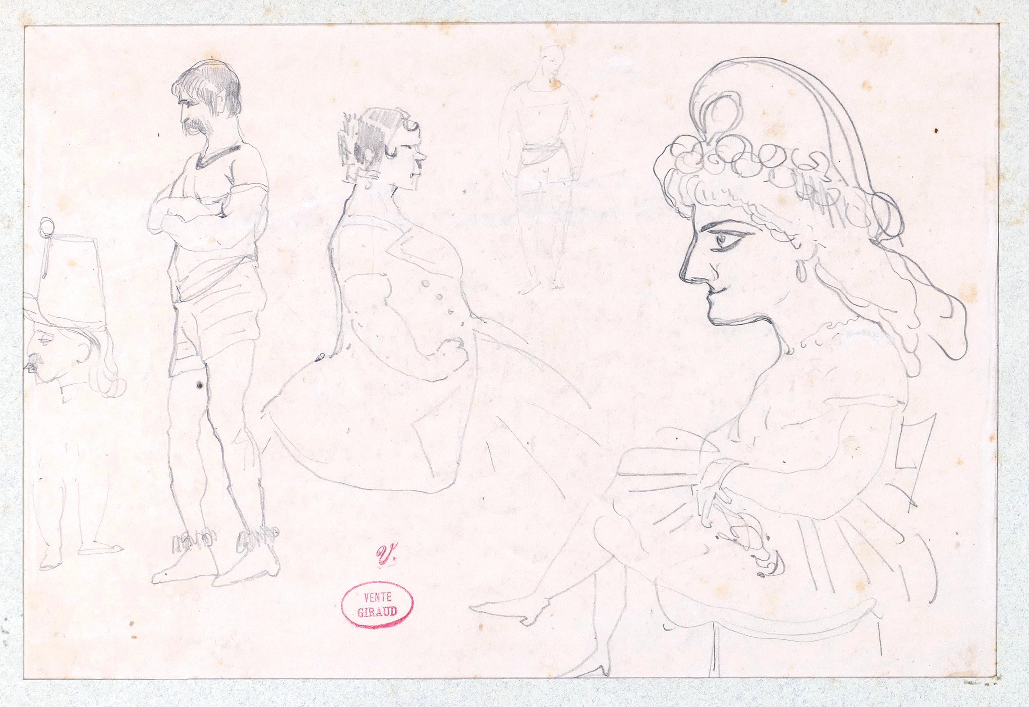 Dessin de Caricatures - Dessin au crayon sur papier par E. Giraud - La 1800