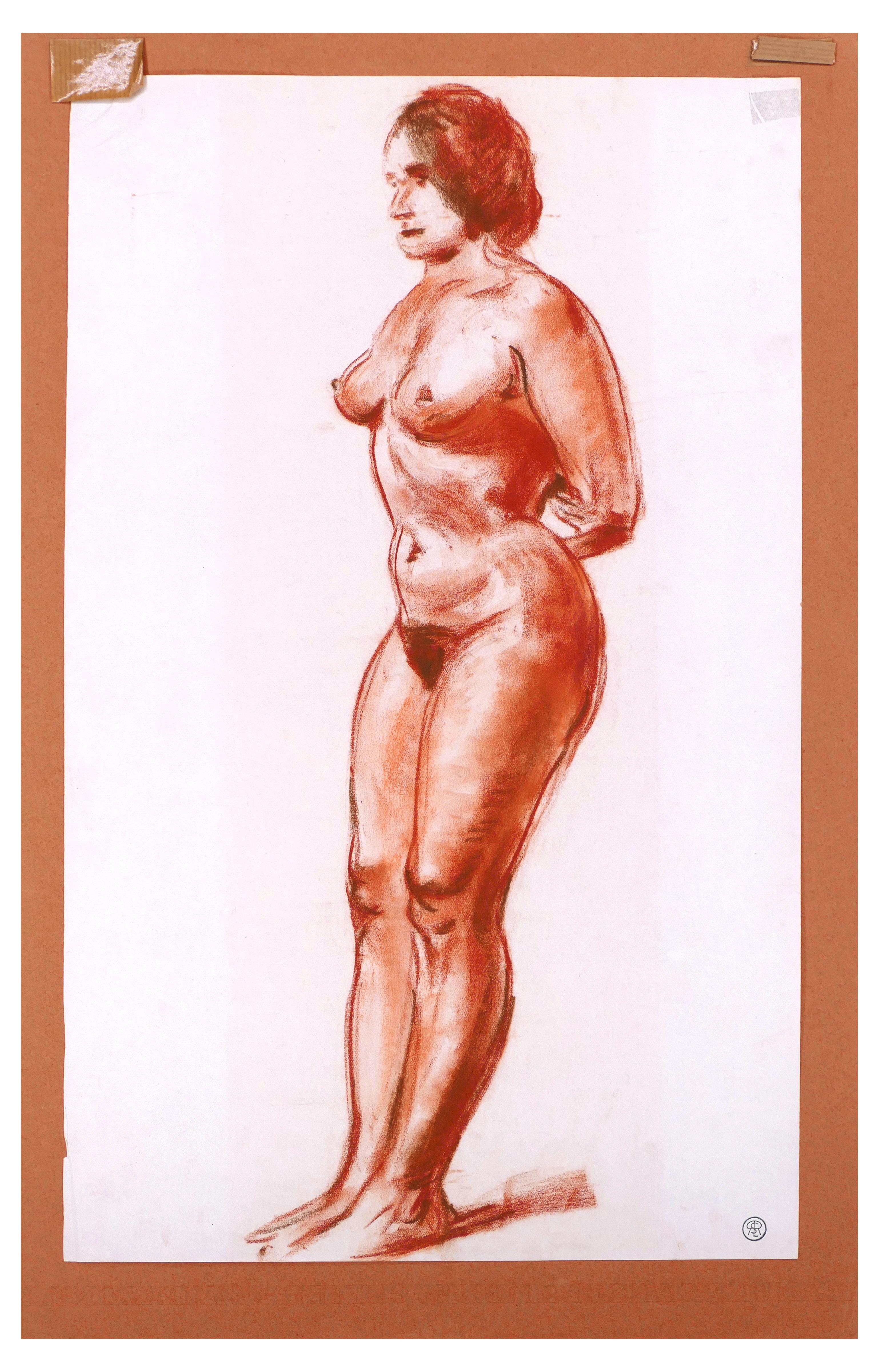Marcel Roche Nude – Femme Nue Main Derrire le Dos – Kohlezeichnung von M. Roche – Anfang 1900