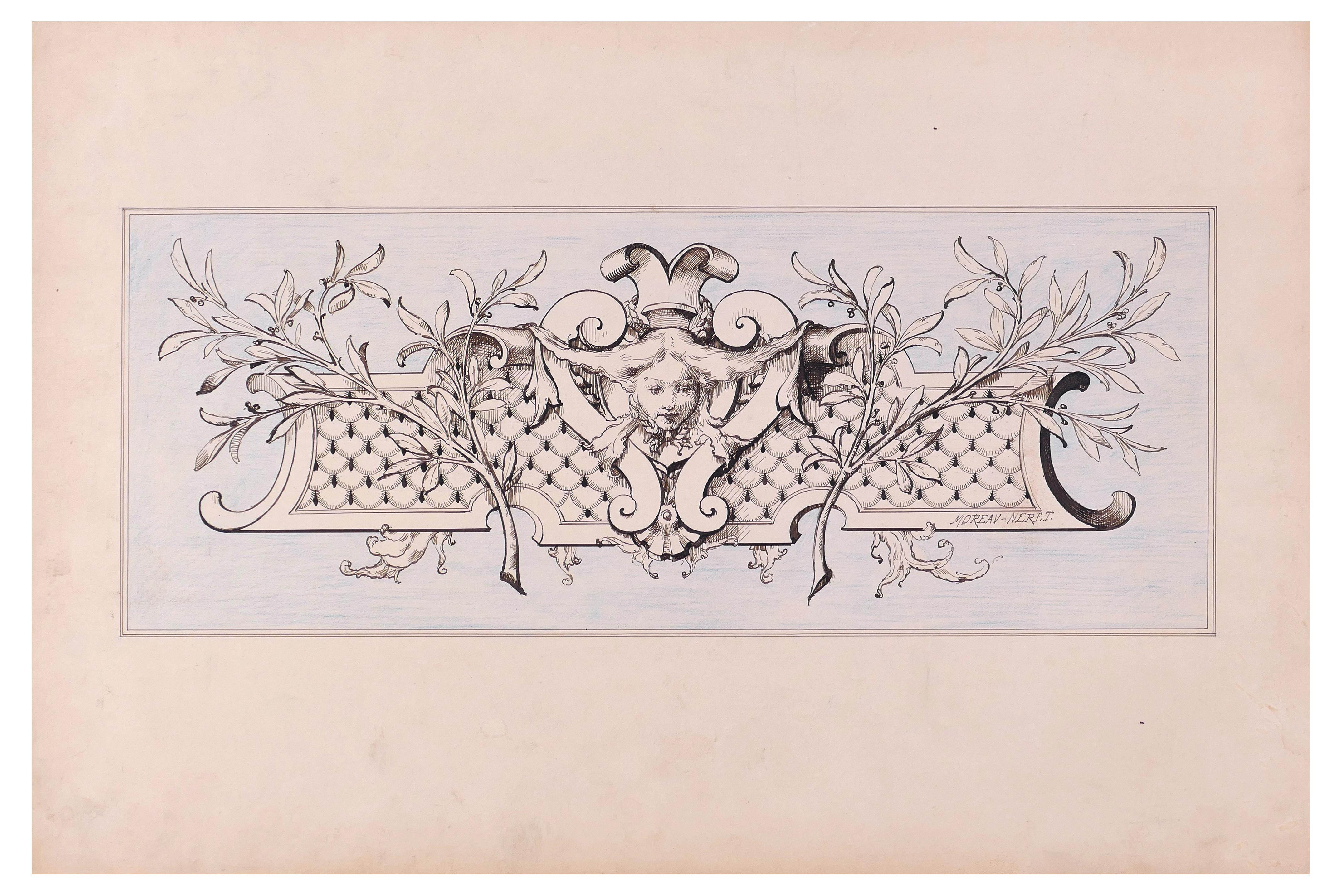 Panel con cabeza - Litografía sobre papel de A. Moreau-Neret - Principios de 1900