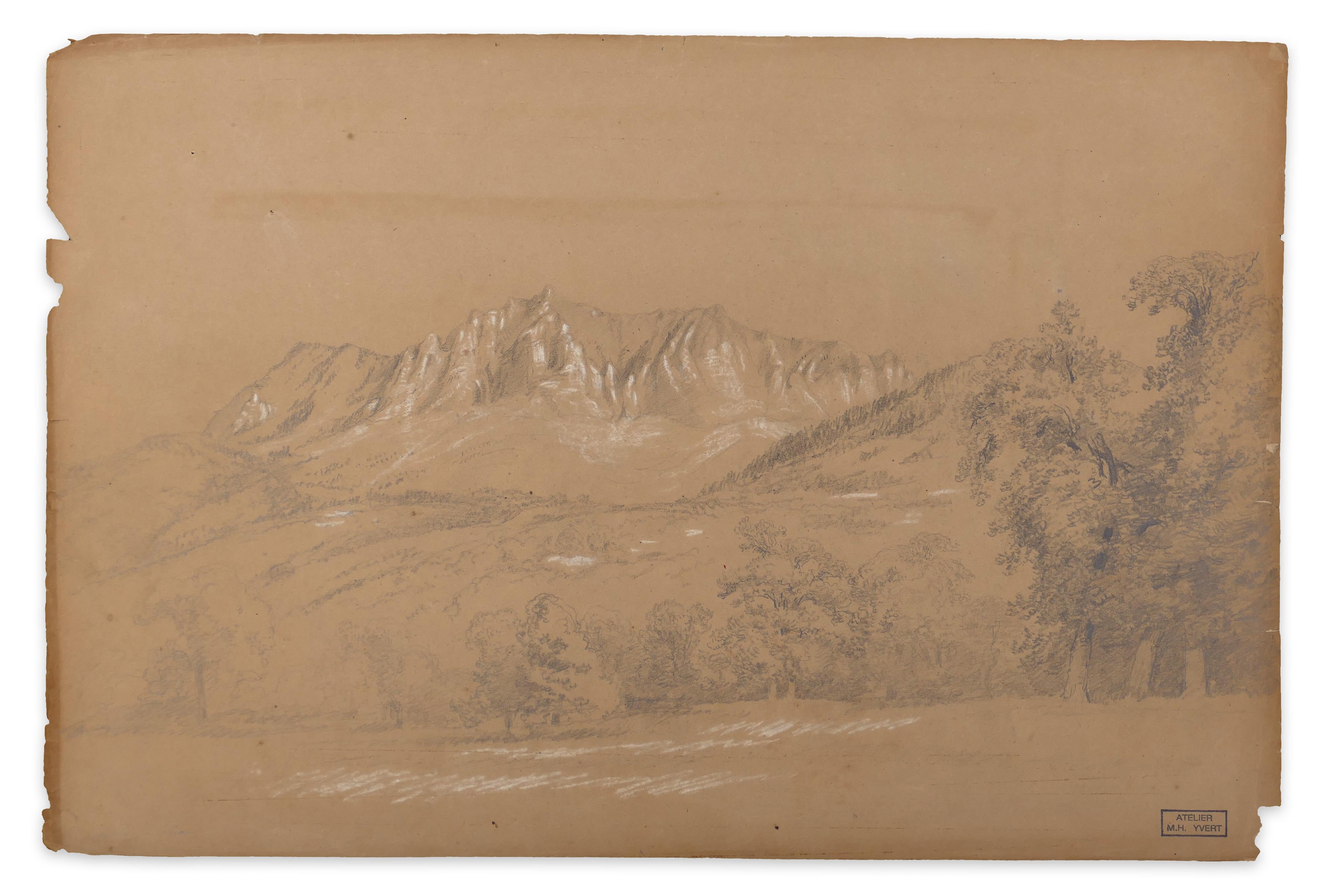 Alpine Landscape - White Chalk on Brown Paper by M.H. Yvert - Late 1800