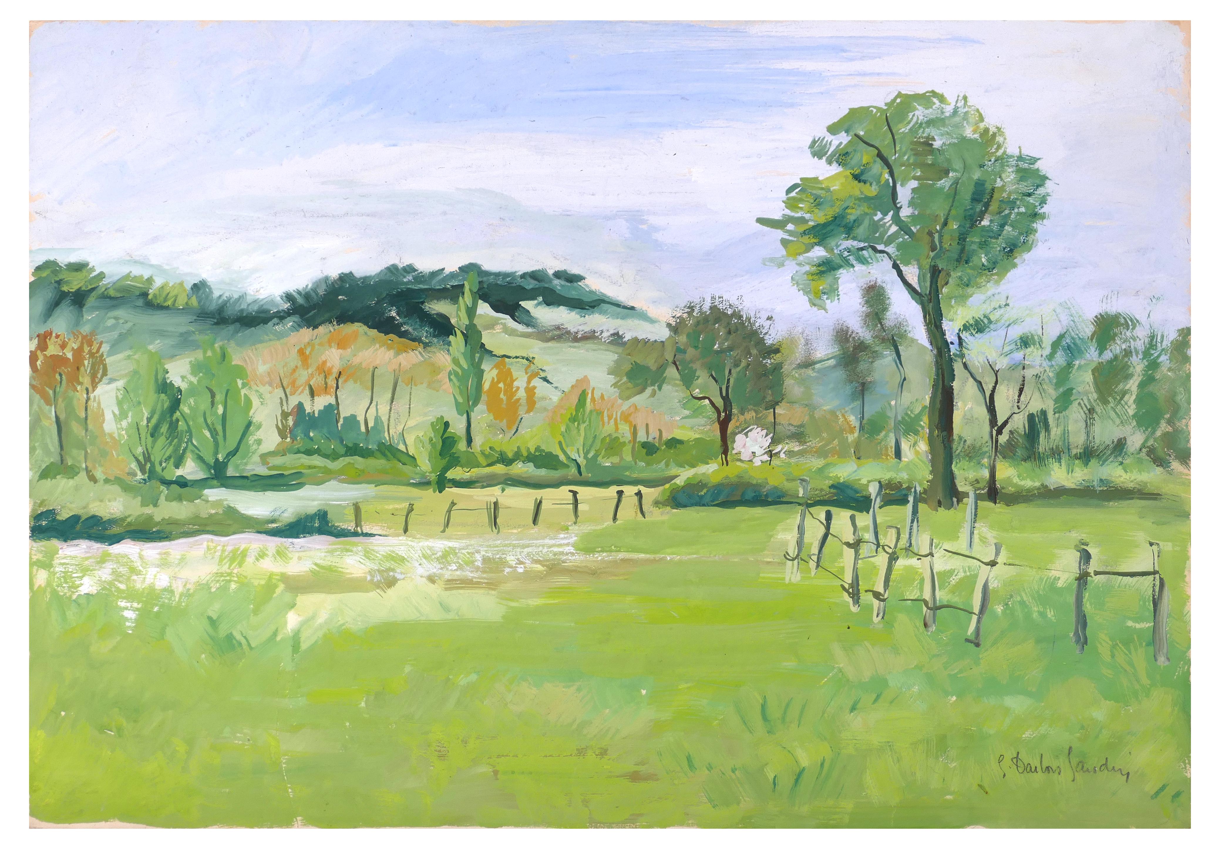 Germaine-Irene Darbois-Gaudin Landscape Painting - Hilly Landscape - Acrylic on Paper by G.-I. Darbois-Gaudin - 1970s