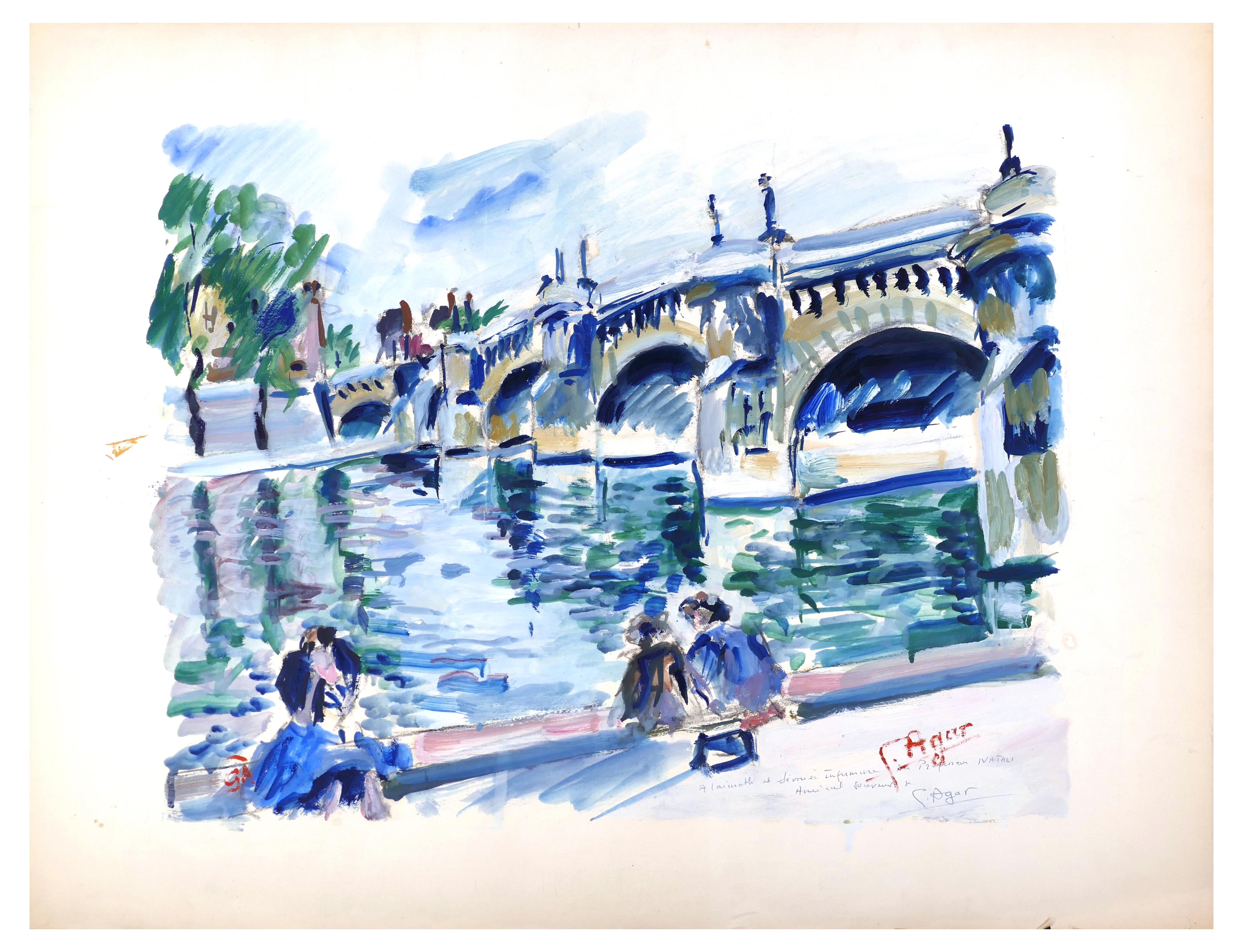 Gaston Agar Figurative Painting - Paris Bridge - Acrylic Painting on Paper by G. Agar