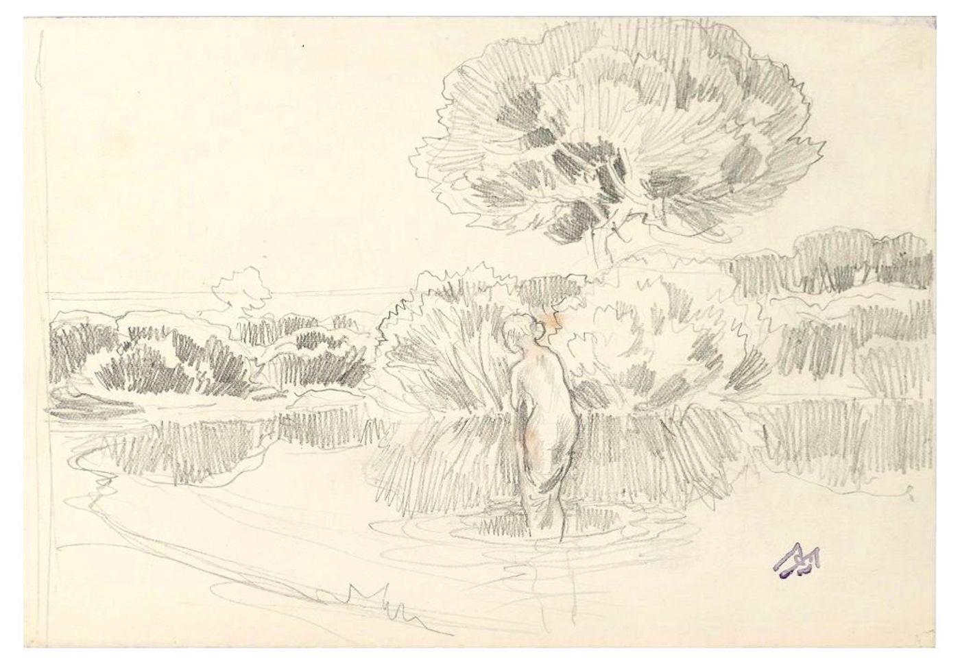 Émile-René Ménard Figurative Art - Nude Woman - Pencil Drawing by E.-R. Ménard - Early 20th Century