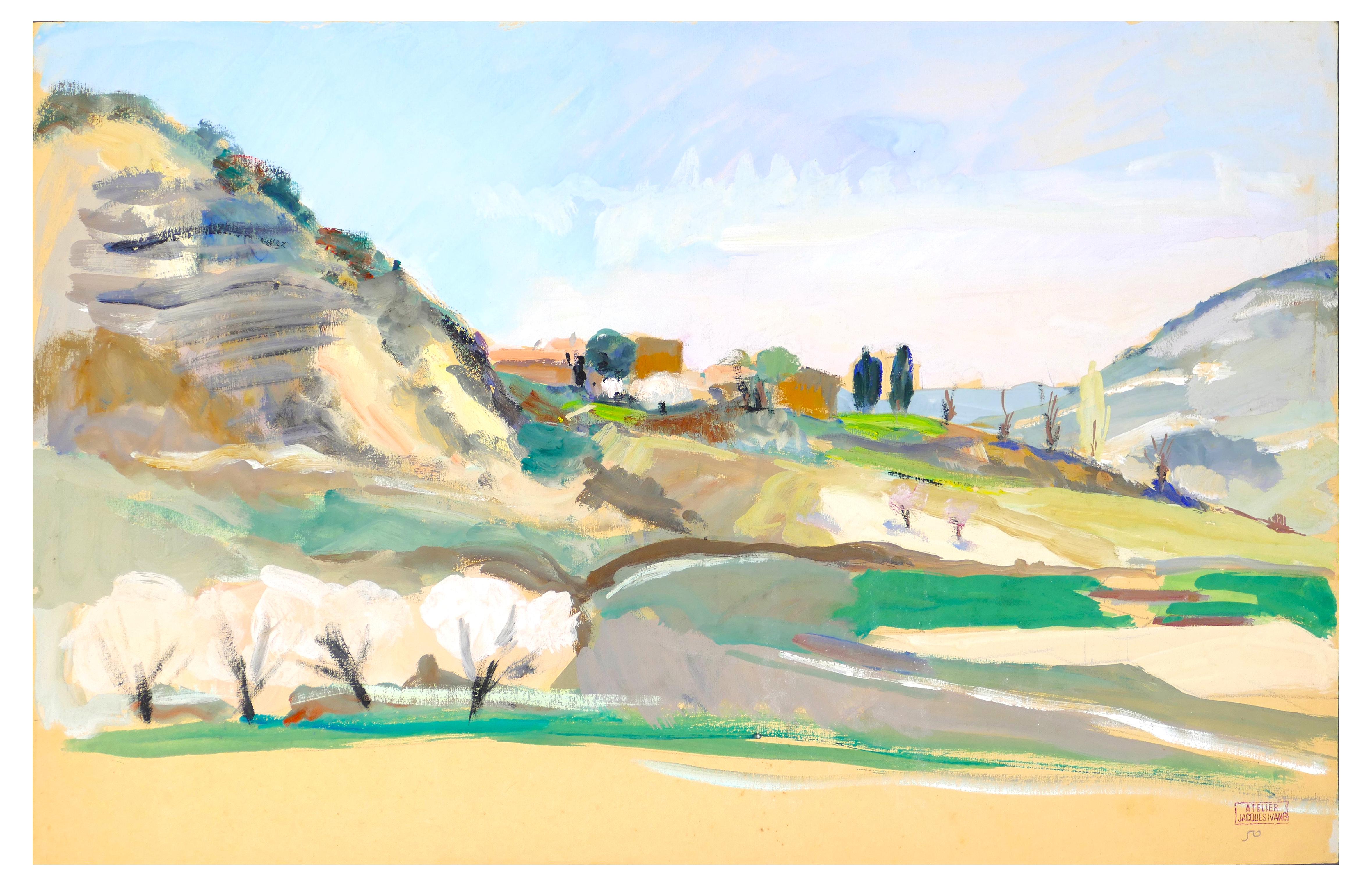 Jacques Ivane-Millérioux Landscape Painting - The Hill - Oil on Paper by J. Ivane-Millérioux - 1970s