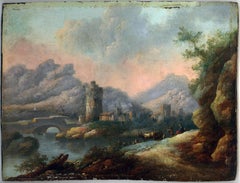 River Landscape - Original Oil on Panel by J.M. Roos - Early 18th Century