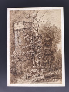 Bad Weather - China Ink Drawing by P. Roux - Late 19th Century