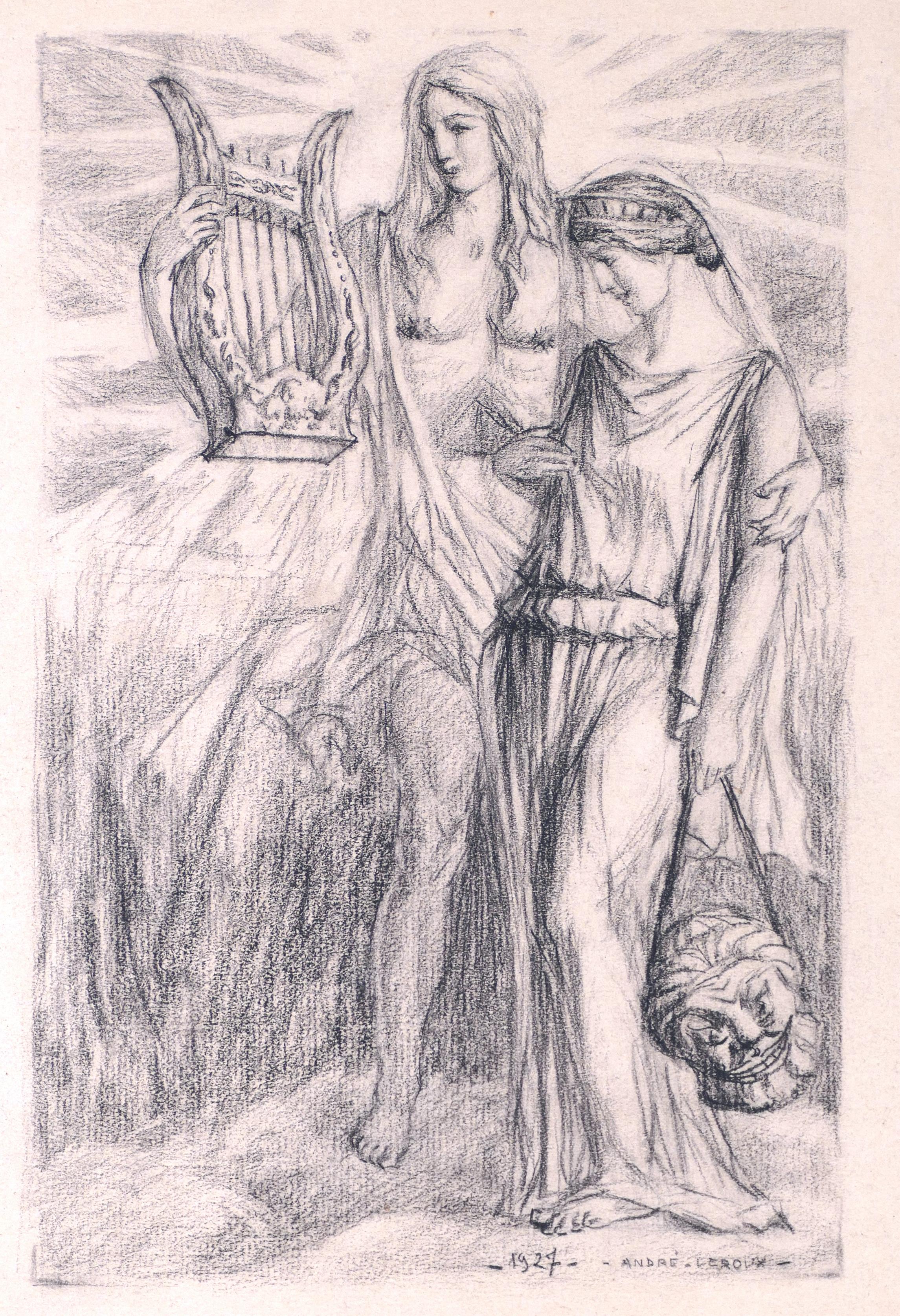 Andre Leroux Figurative Art - Lovers - Charcoal Drawing by A. Leroux - 1927