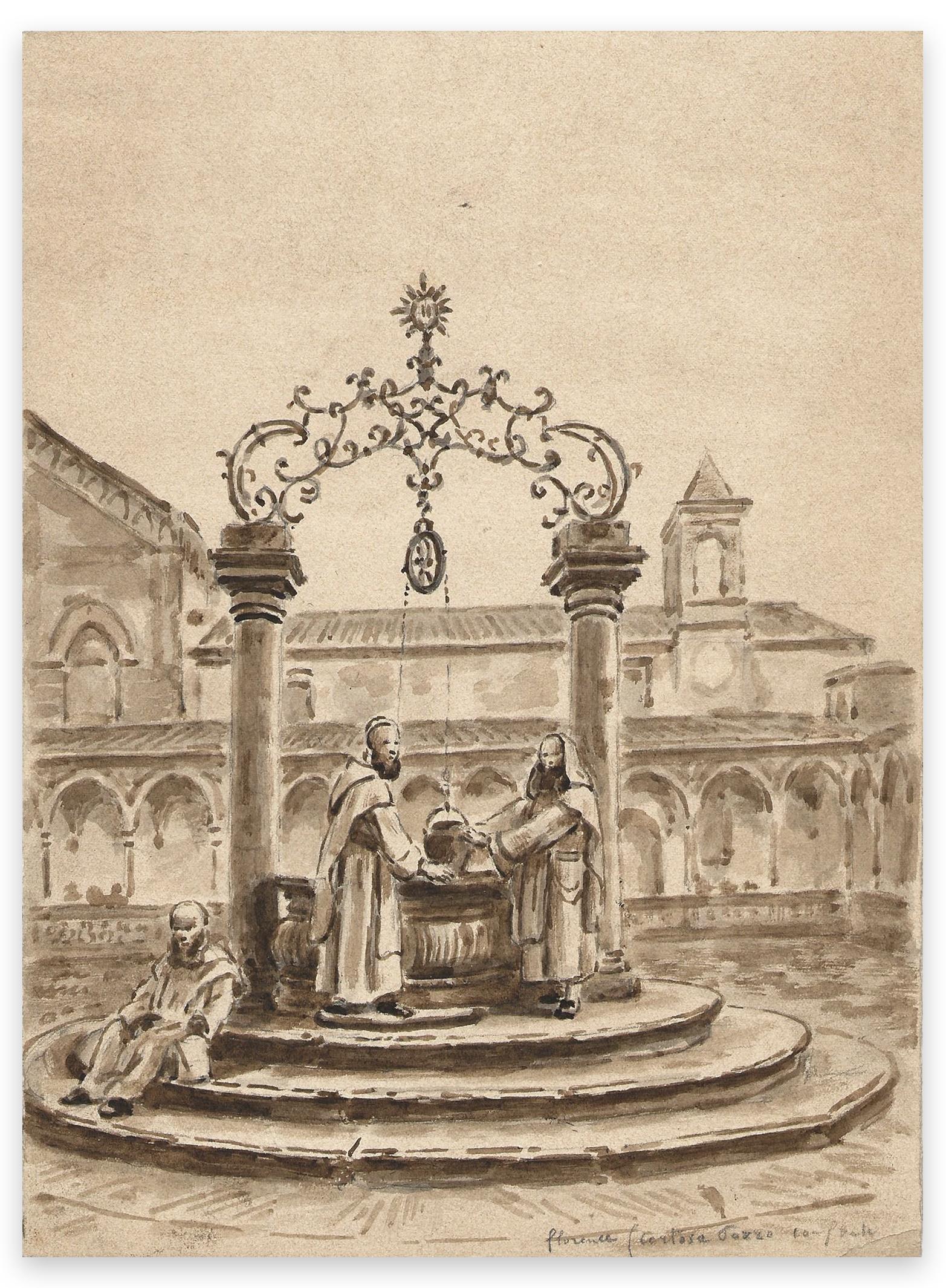 Figurative Art André Maire - Florence - Certosa - Dessin original à l'encre et à l'aquarelle de A. Maire - Milieu de 1900