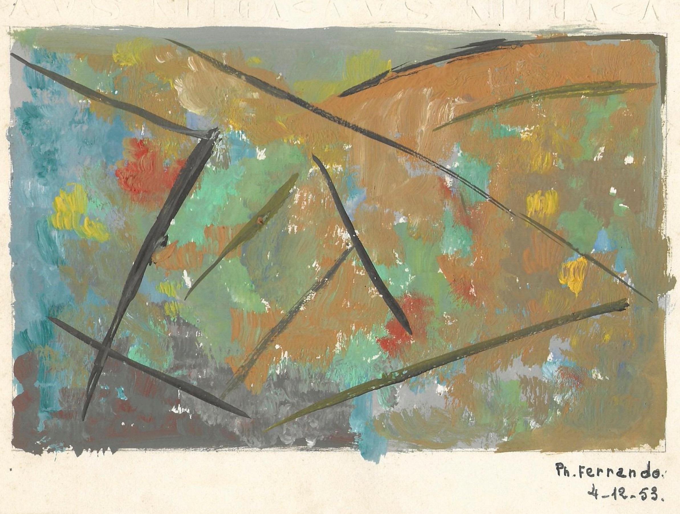 Philippe Ferrando Abstract Painting - Géométries - Tempera on Paper by Ph. Ferrando - 1953