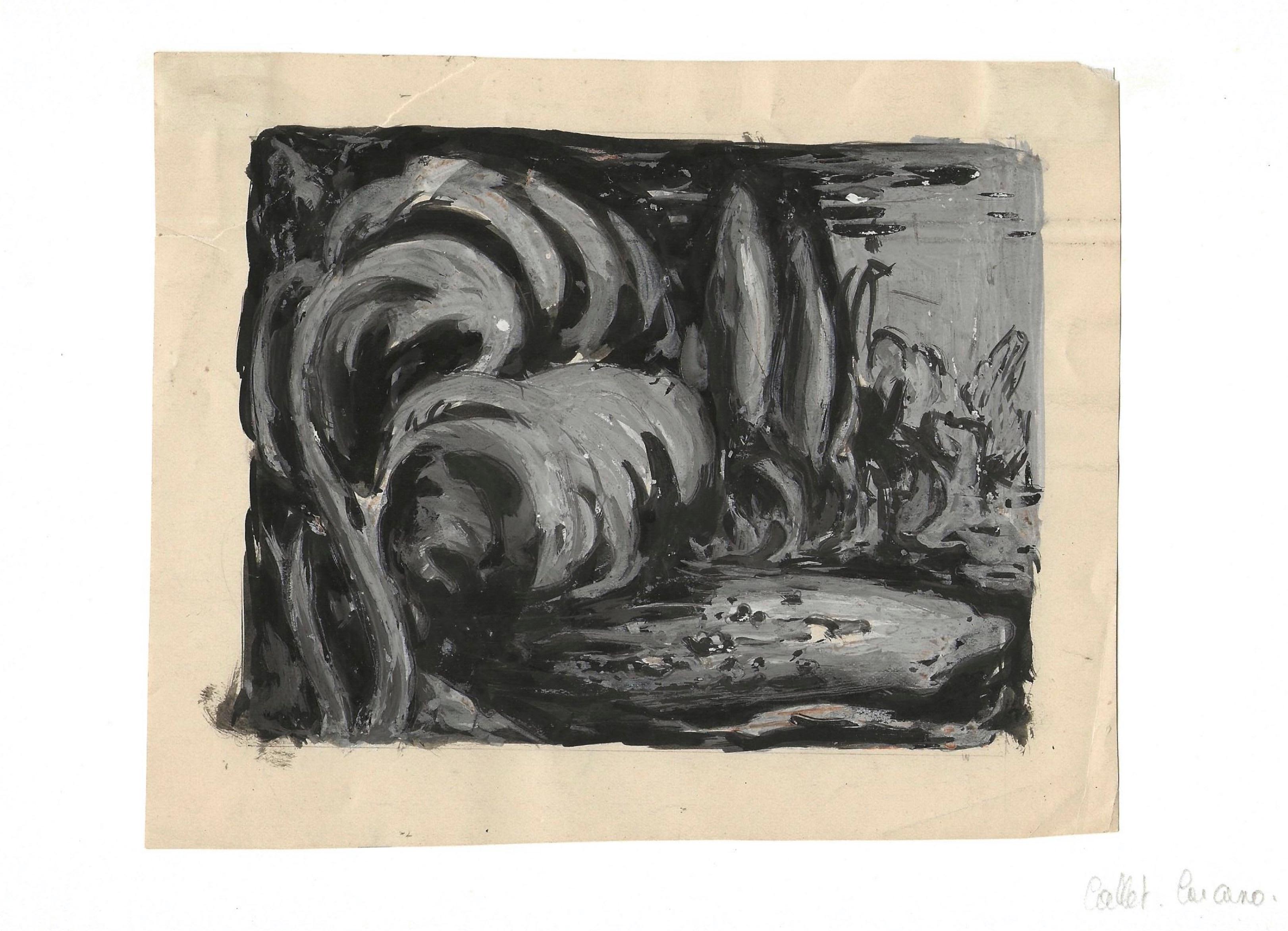 Waves - Tempera and China Ink Drawing on Paper - Early 20th Century - Painting by Marguerite Callet-Carcano
