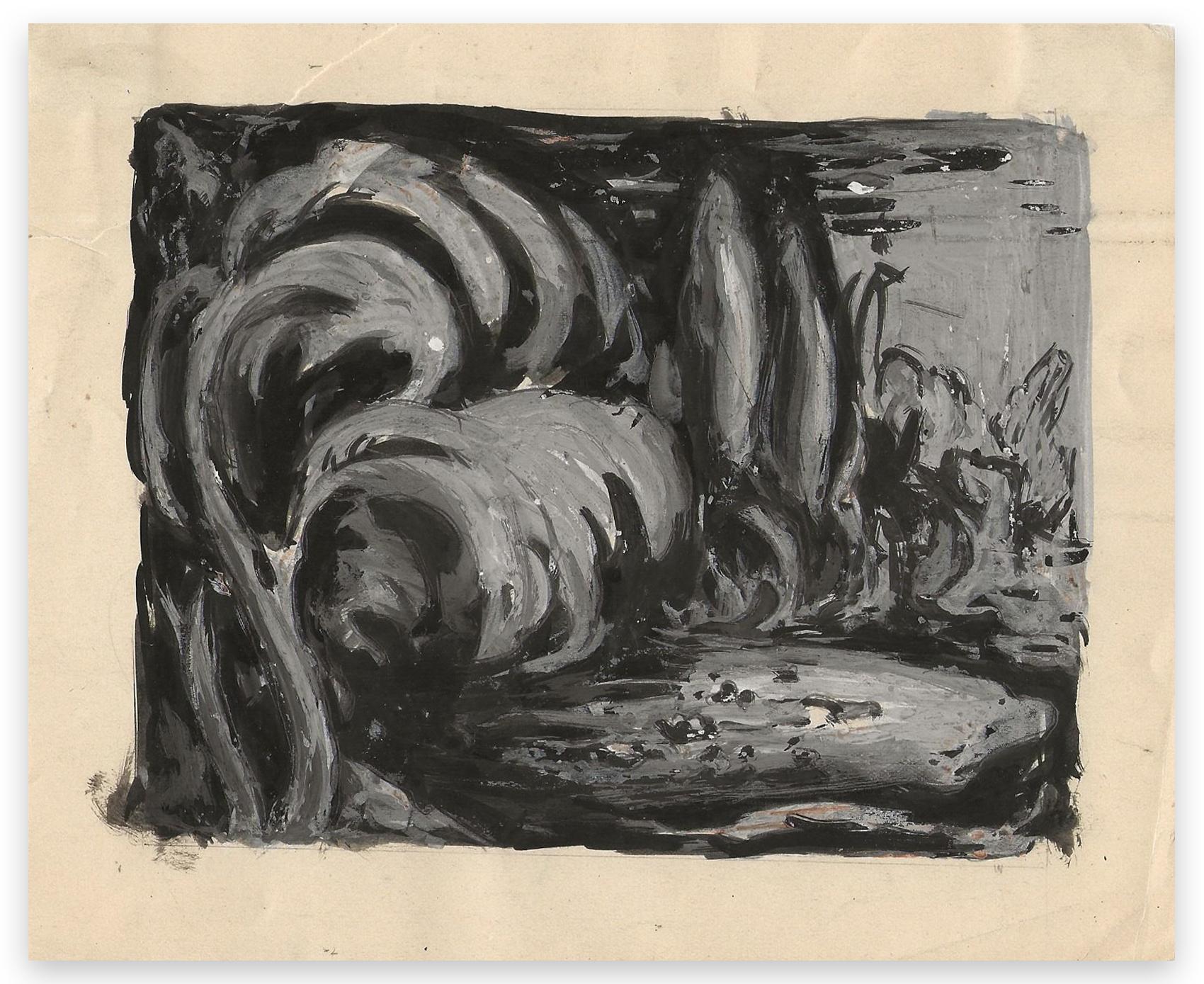 Marguerite Callet-Carcano Abstract Painting - Waves - Tempera and China Ink Drawing on Paper - Early 20th Century