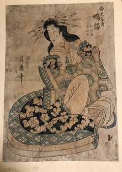 Geisha With Flute - Original Woodcut Print by Kitagawa Tsukimaro - 1810 ca.