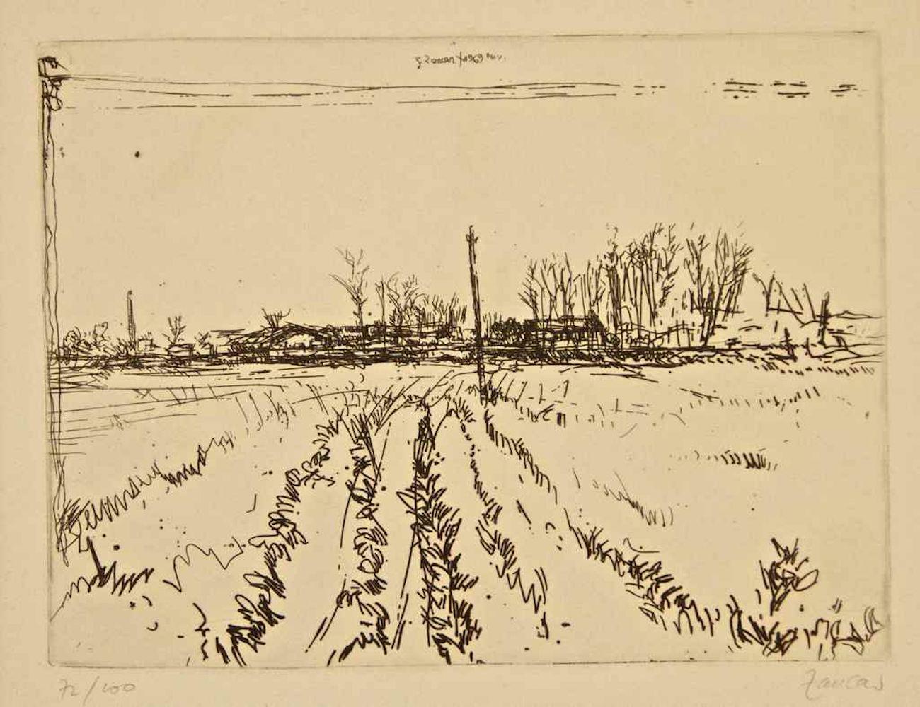 Giuseppe Zancan Figurative Print - Landscape - Etching by G. Zancan - 1960 ca.