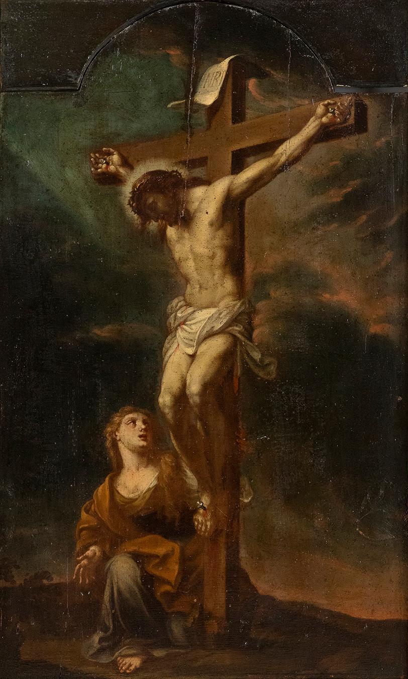 Francesco Trevisani Figurative Painting - Crucifixion - Oil on Panel by F. Trevisani - Early 18th Century