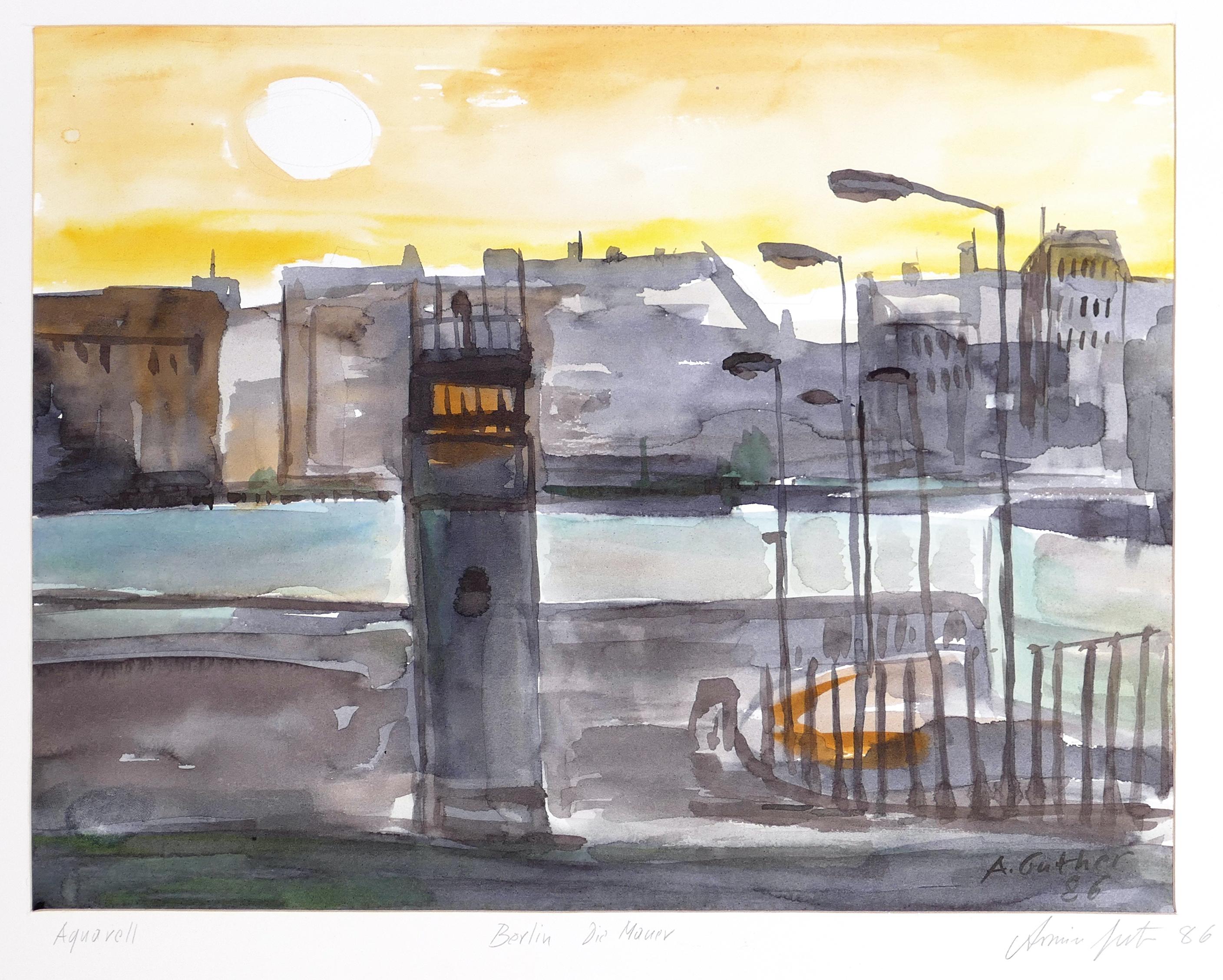 Berlin is an original colored watercolor realized in 1986 by Armin Guther.

Good conditions. Includes passepartout (50 x 60 cm).

The artwork is hand-signed and dated on the lower right corner. 
Original title is handwritten on the lower center