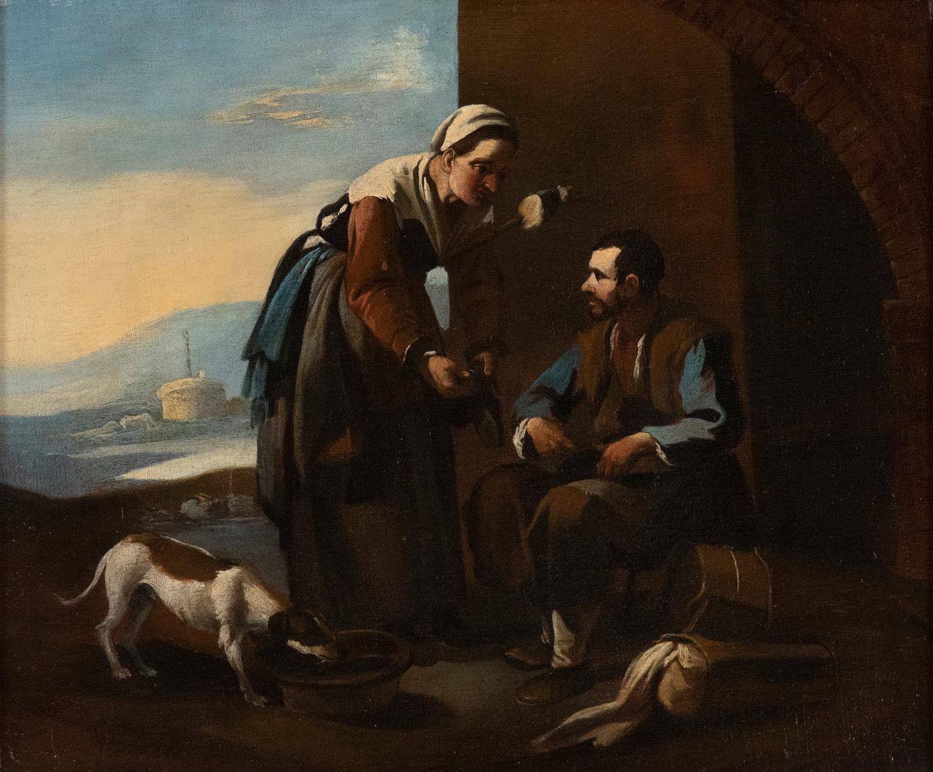 Johannes Lingelbach Figurative Painting - The Cobbler and the Spinner - Oil on Canvas Mid 17th Century