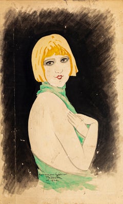 Vintage Portrait of Woman - Original Ink and Watercolor Drawing by Paul Bonet - 1930