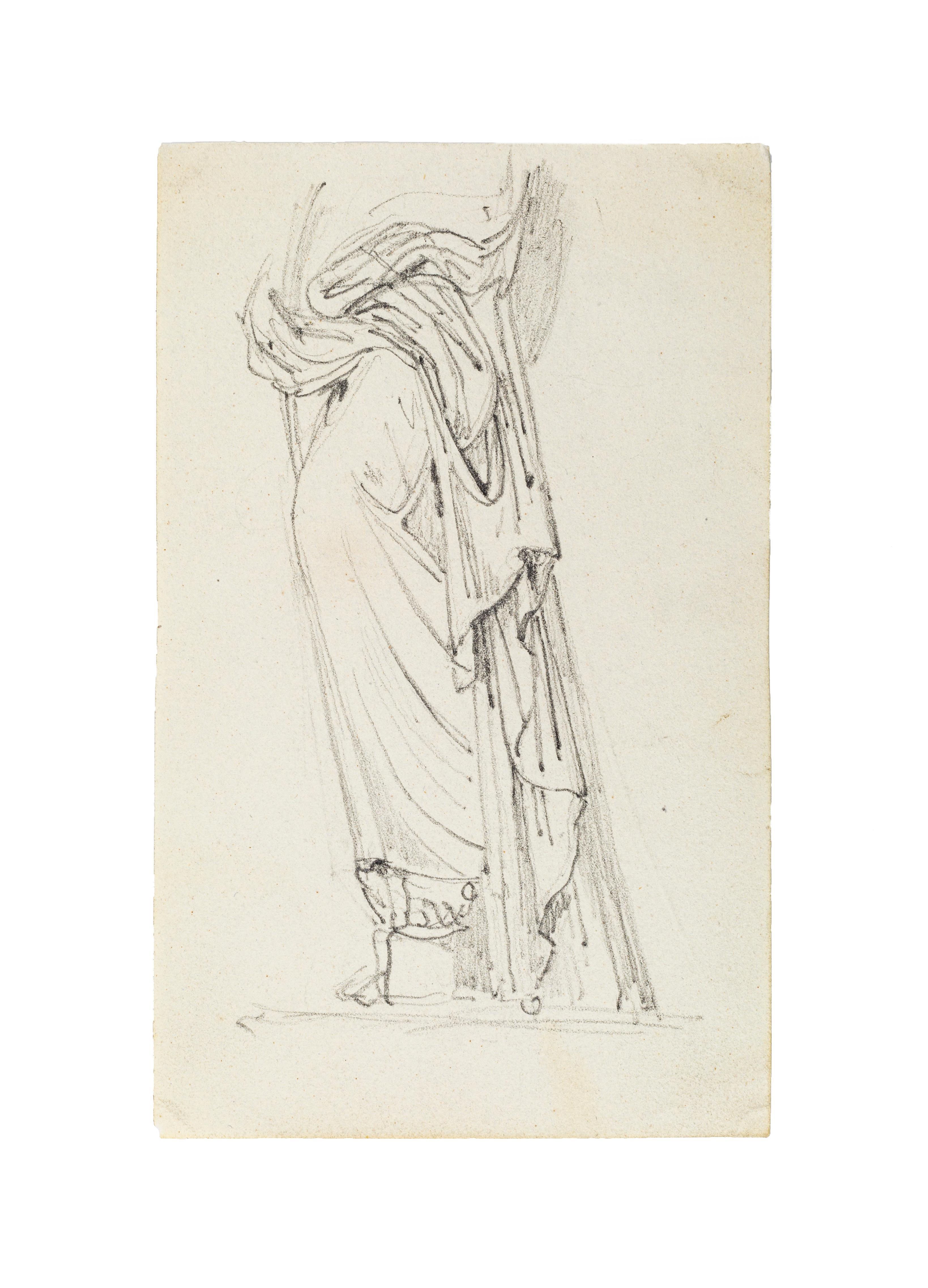 Figurative Art Augustin-Alexandre Dumont - Femme veillie - dessin original au crayon - fin du 19ème siècle