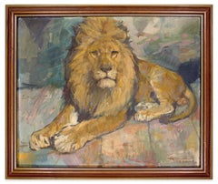 Lying Lion - Oil on Cardboard by H. Kohlmann - 1966