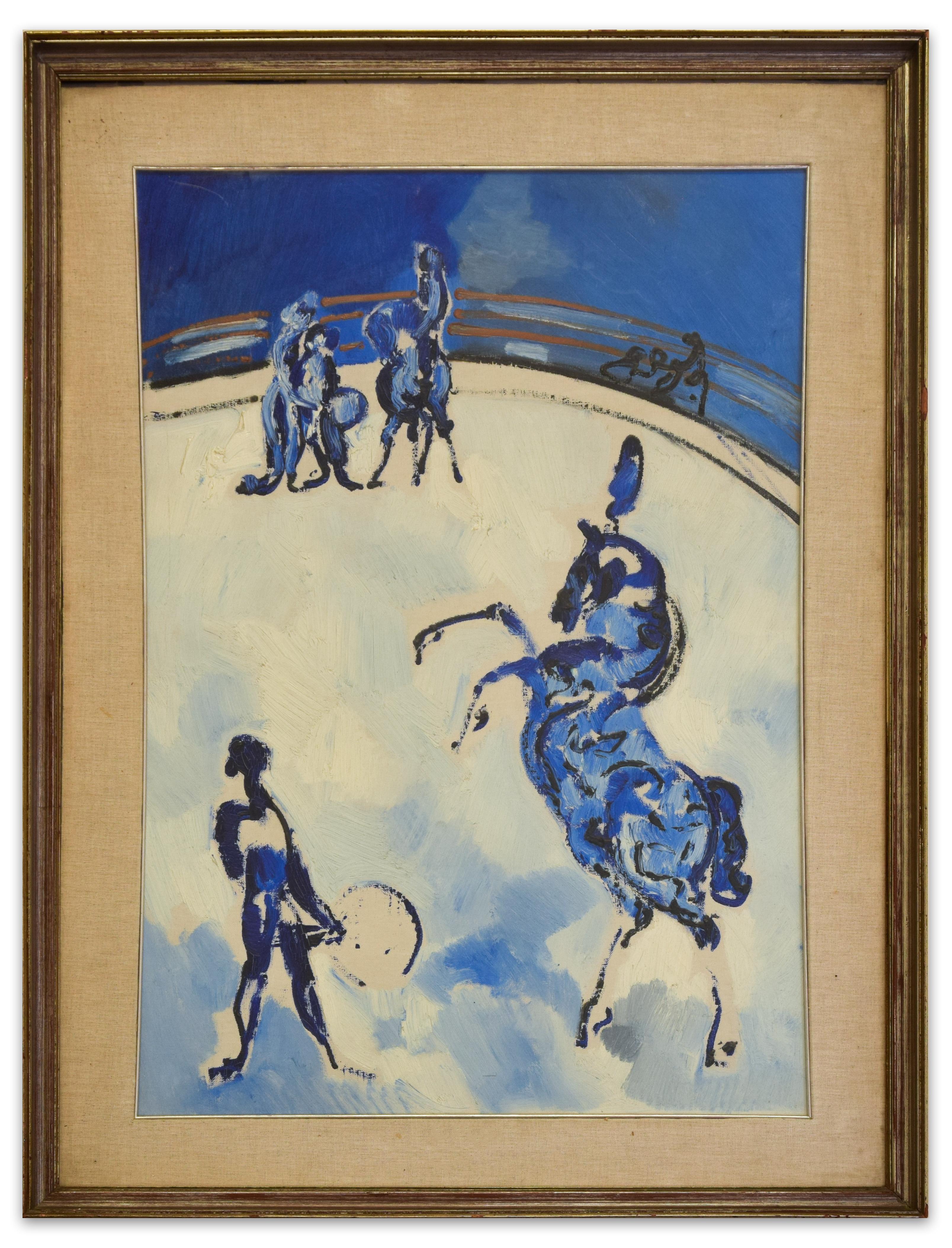 Circo (Circus) is an original oil painting on canvas, realized around 1970's by the Italian artist Antonio Vangelli (Rome, 1917 -2003). 

This circus image with the fineness of the graduation of blue tones has the unmistakable touch of the Italian